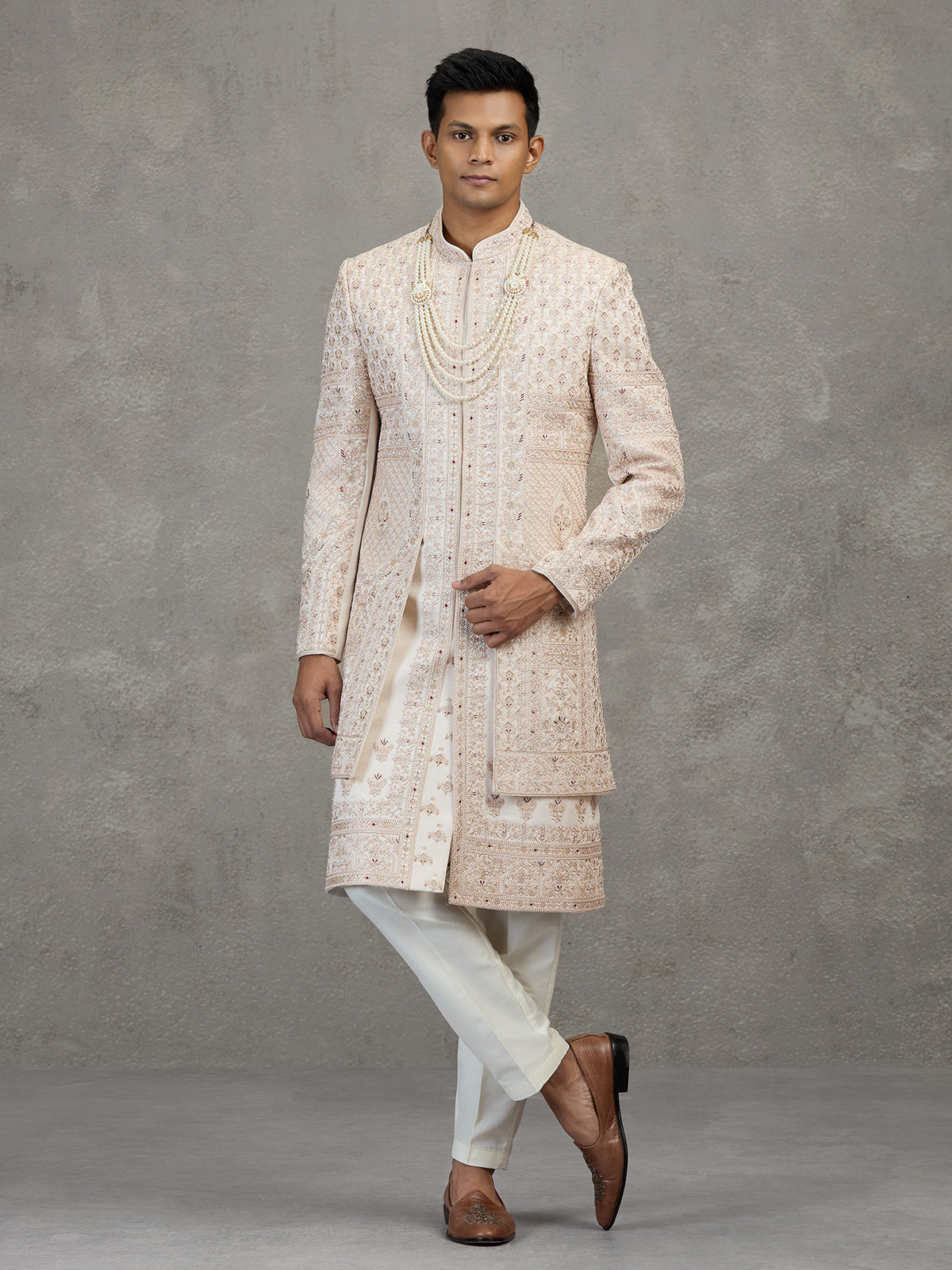 Cream layered satin silk sherwani for mens