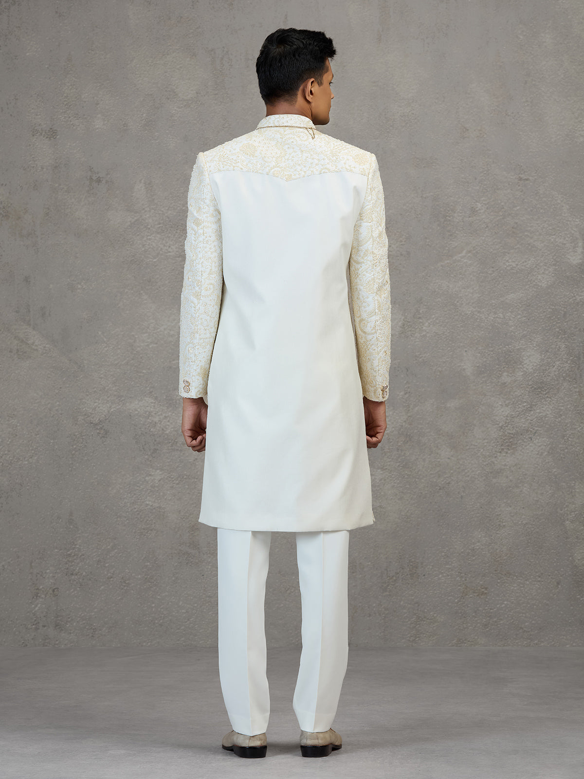 Off white satin silk sherwani with resham detailing