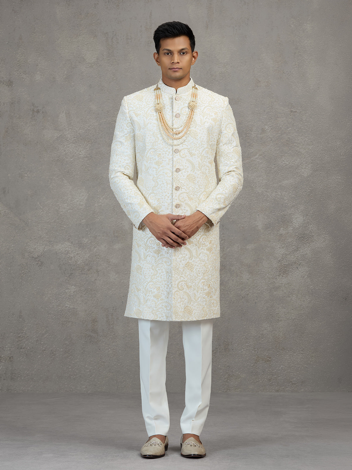 Off white satin silk sherwani with resham detailing