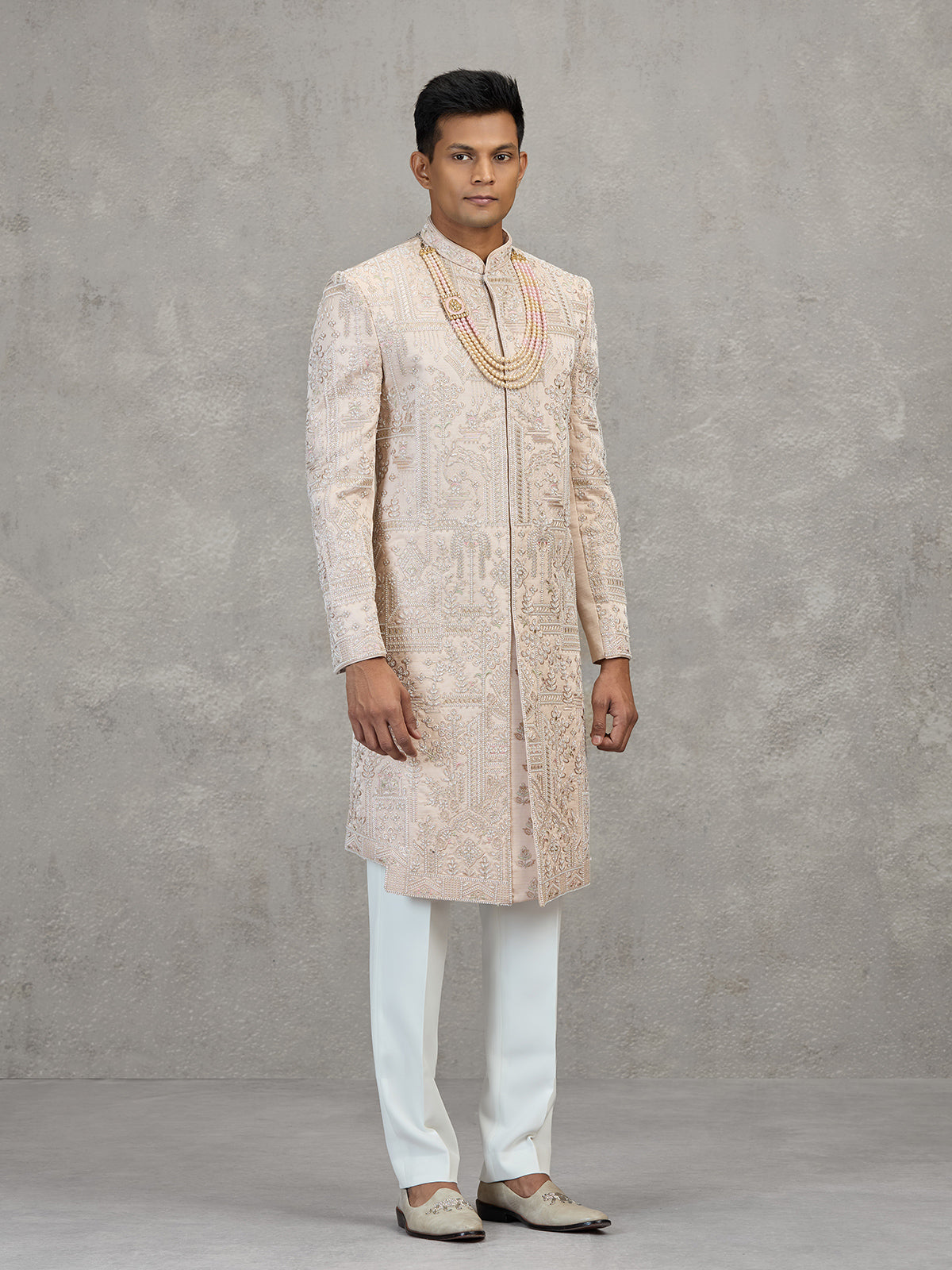 Light peach satin silk sherwani for men wedding wear