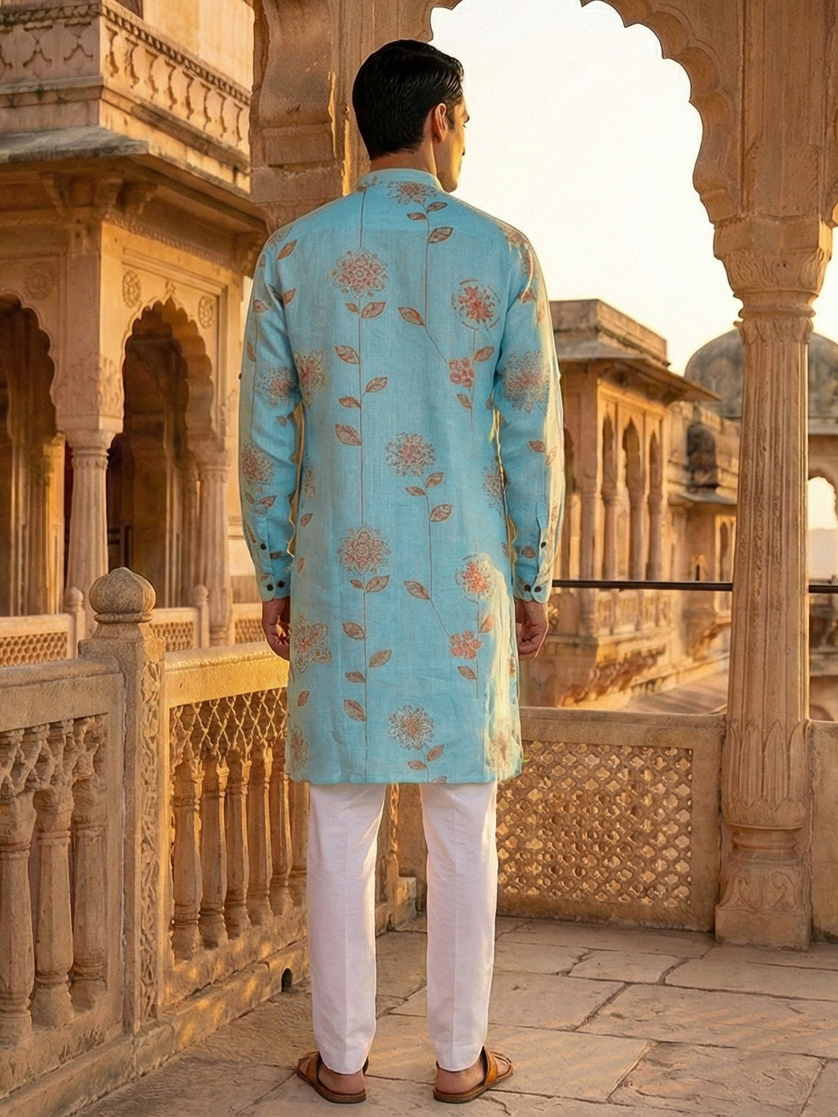 Aqua blue linen floral printed festive kurta suit