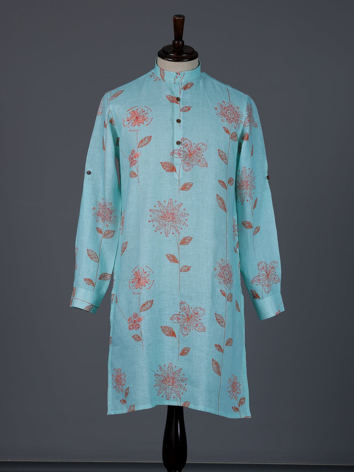 Aqua blue linen floral printed festive kurta suit