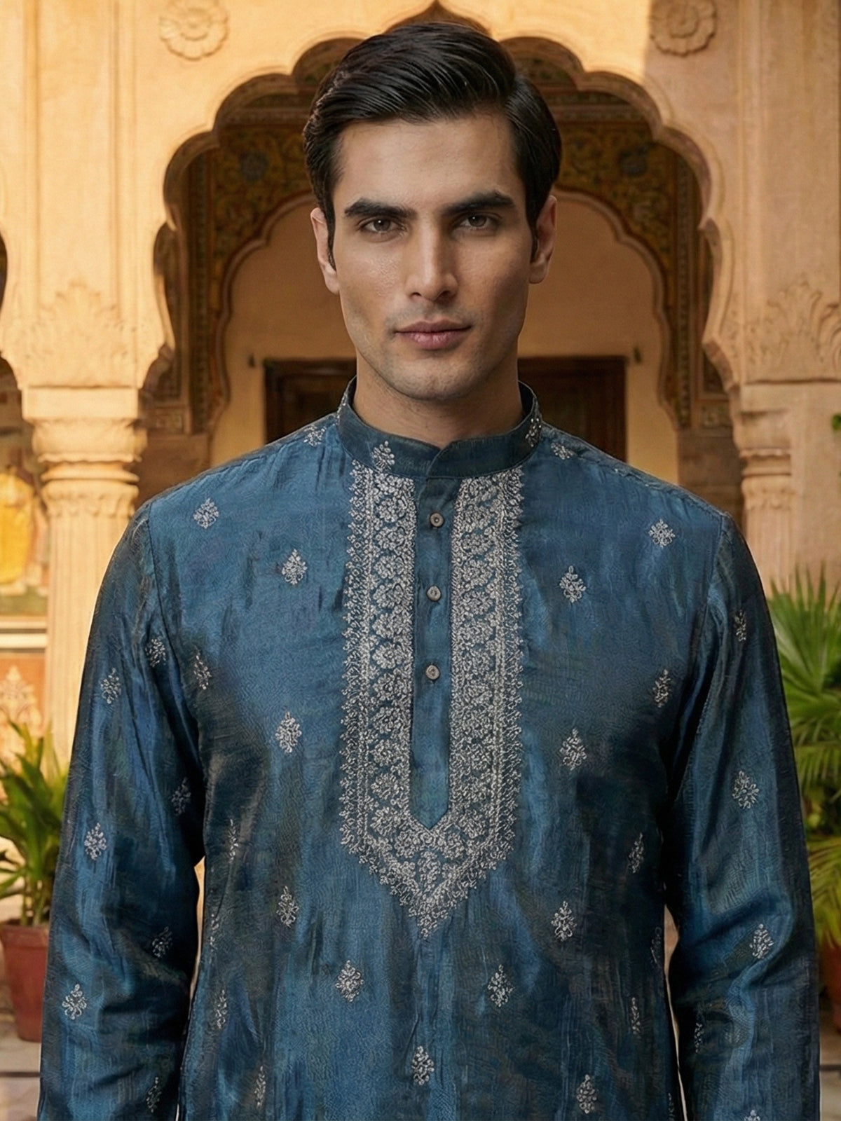 Pastel blue silk resham sequins wedding kurta suit