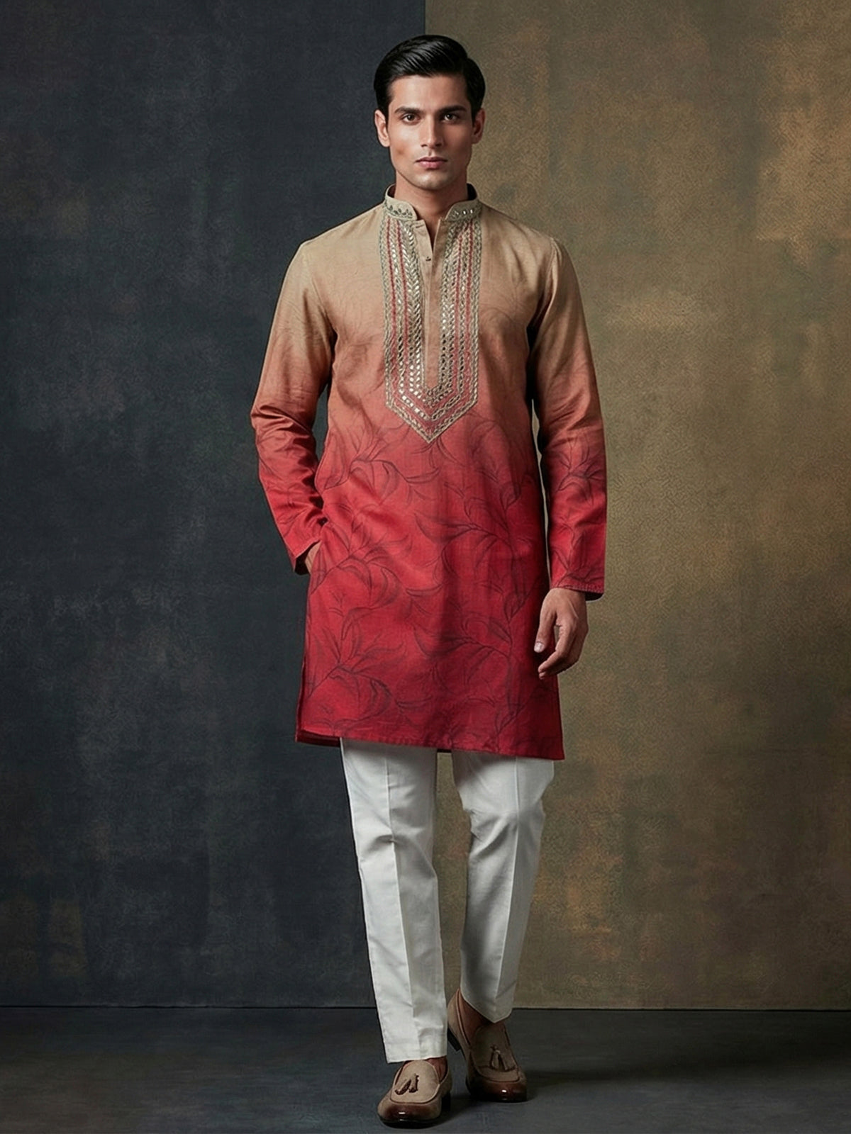 Red olive shaded cotton aabla thread festive kurta suit
