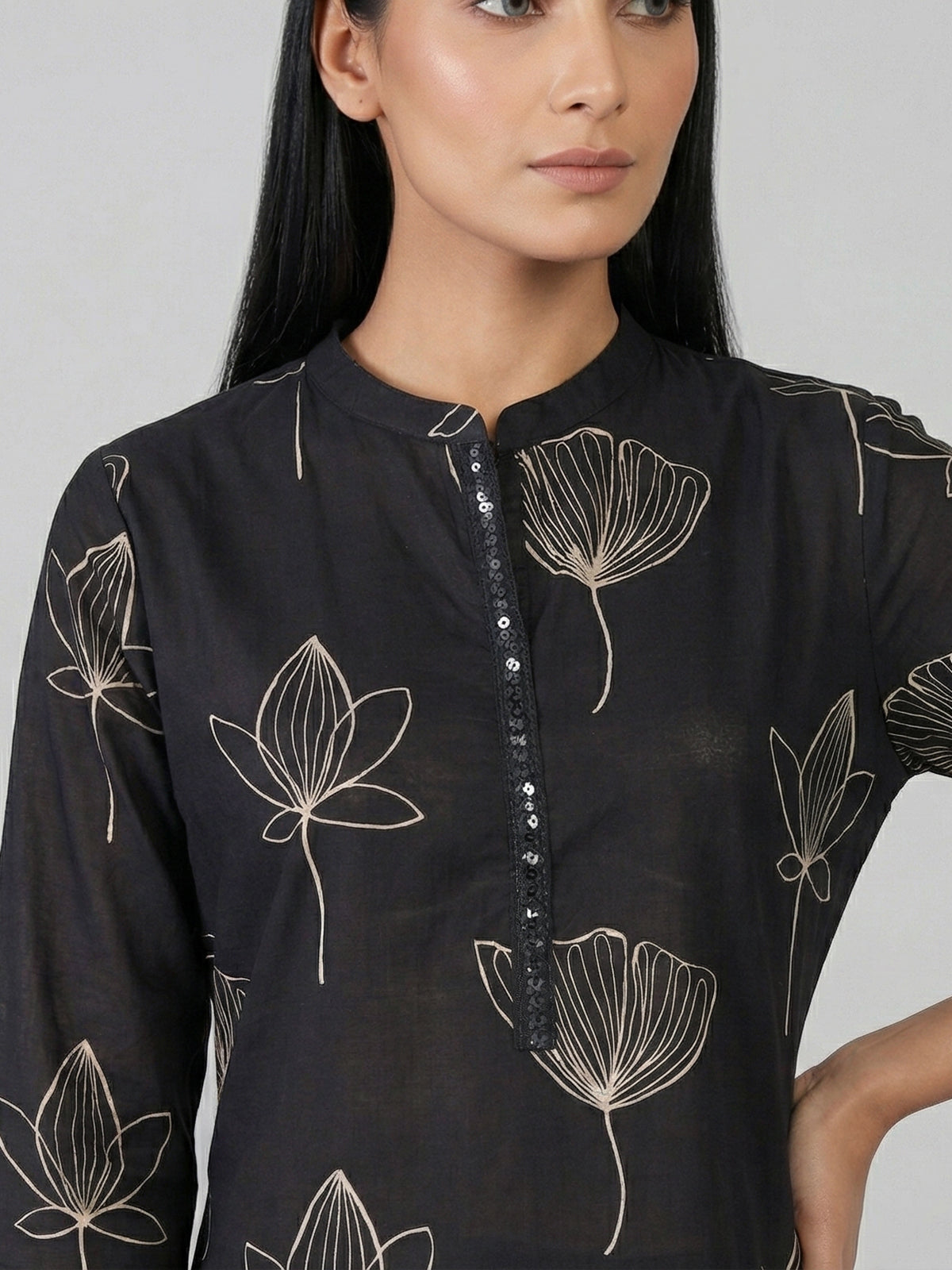 Black cotton silk printed stand collar casual kurti set