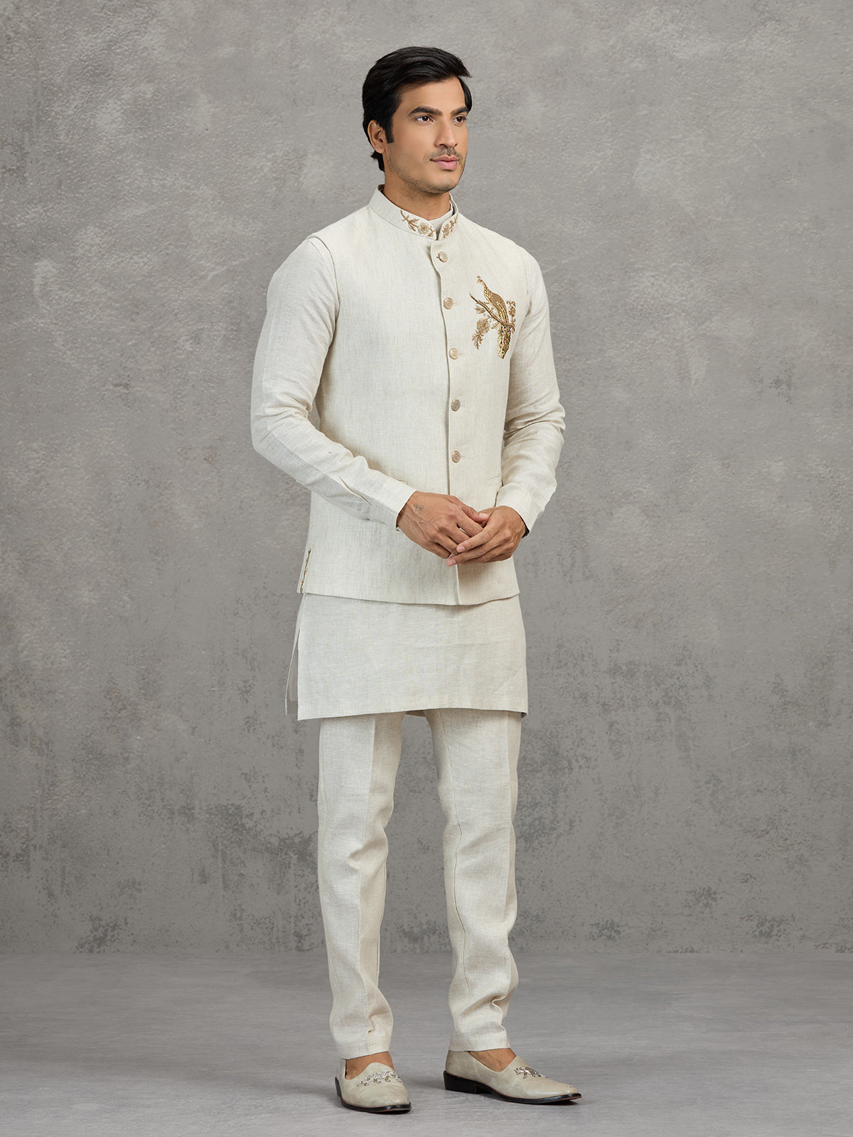 Off white textured linen waistcoat set for men