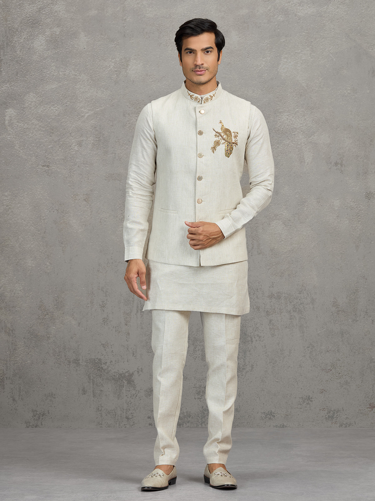 Off white textured linen waistcoat set for men