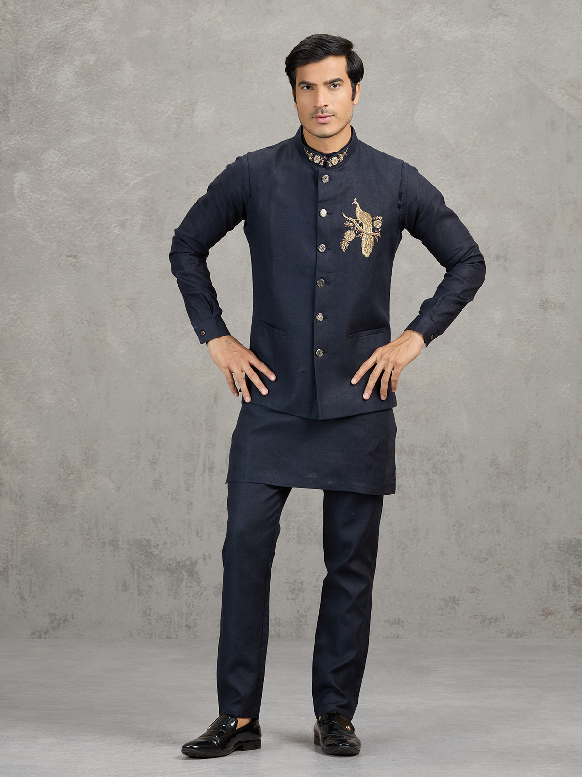Navy blue festive linen waistcoat set
