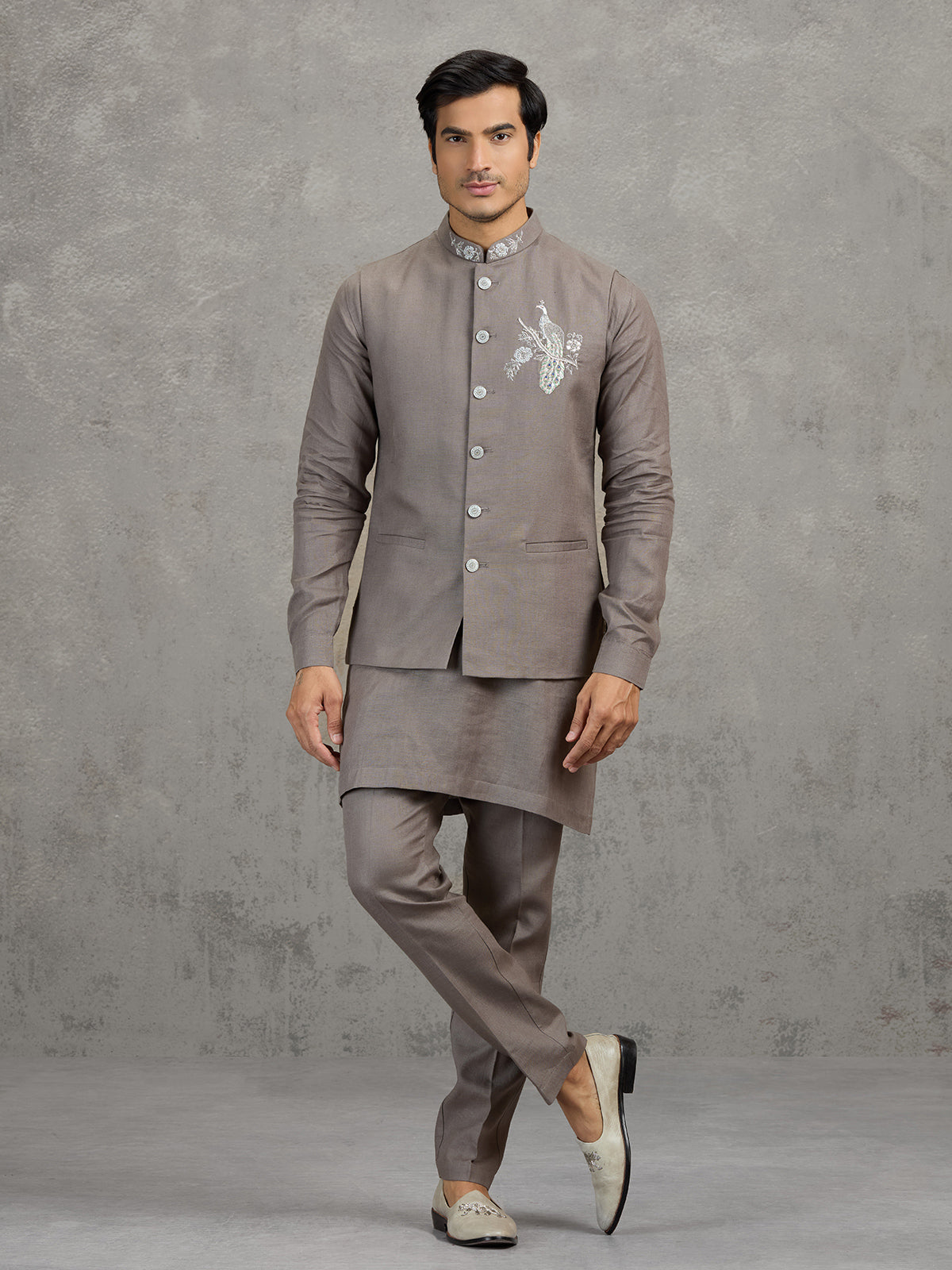 Cement grey linen waistcoat set for men