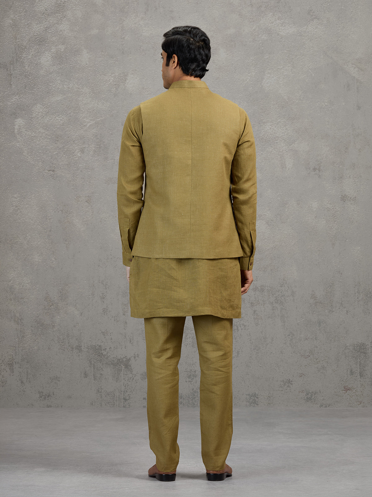 Mehendi green textured linen waistcoat set