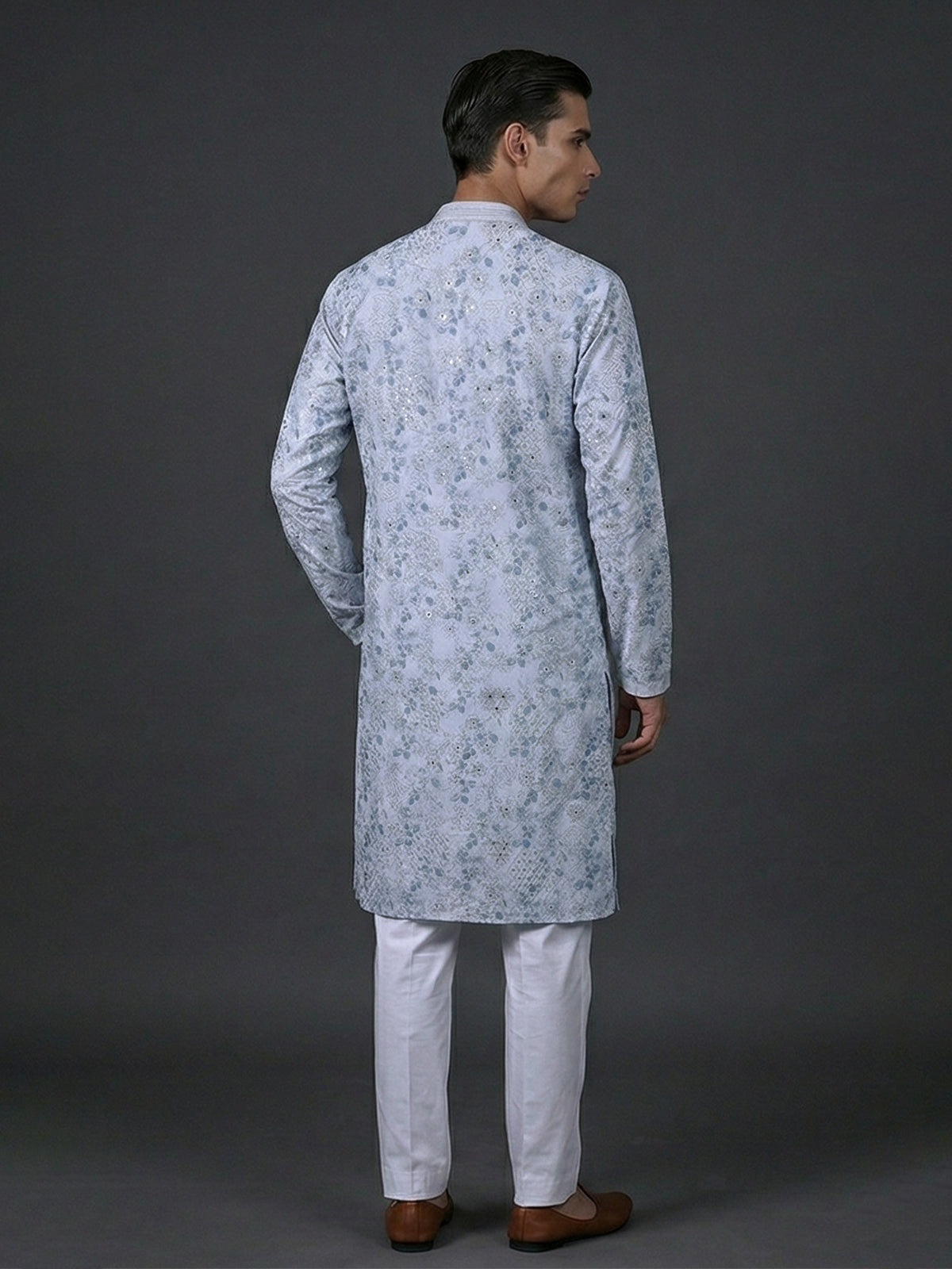 White floral printed cotton silk resham work kurta suit
