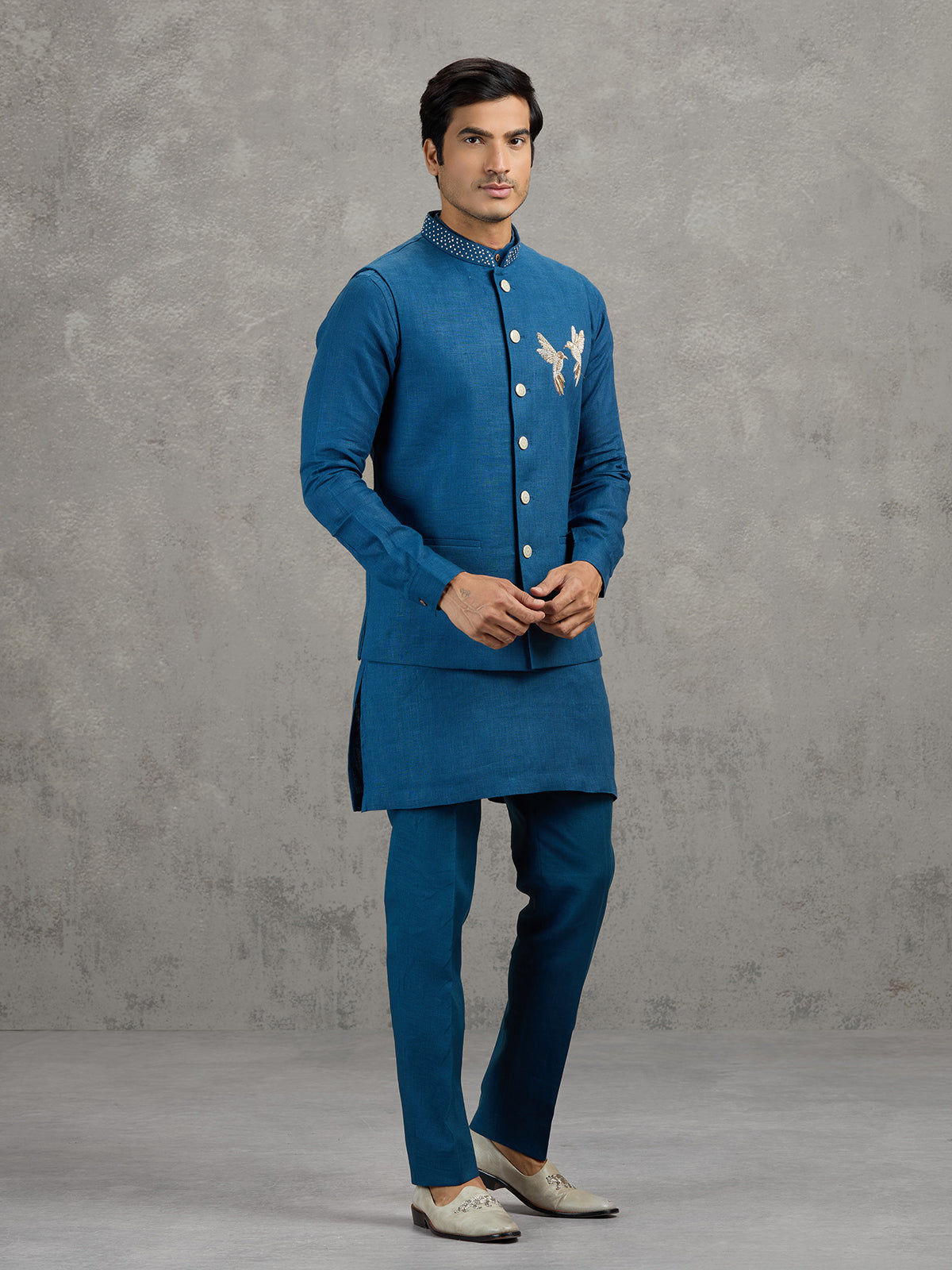 Teal blue reception wear linen waistcoat set