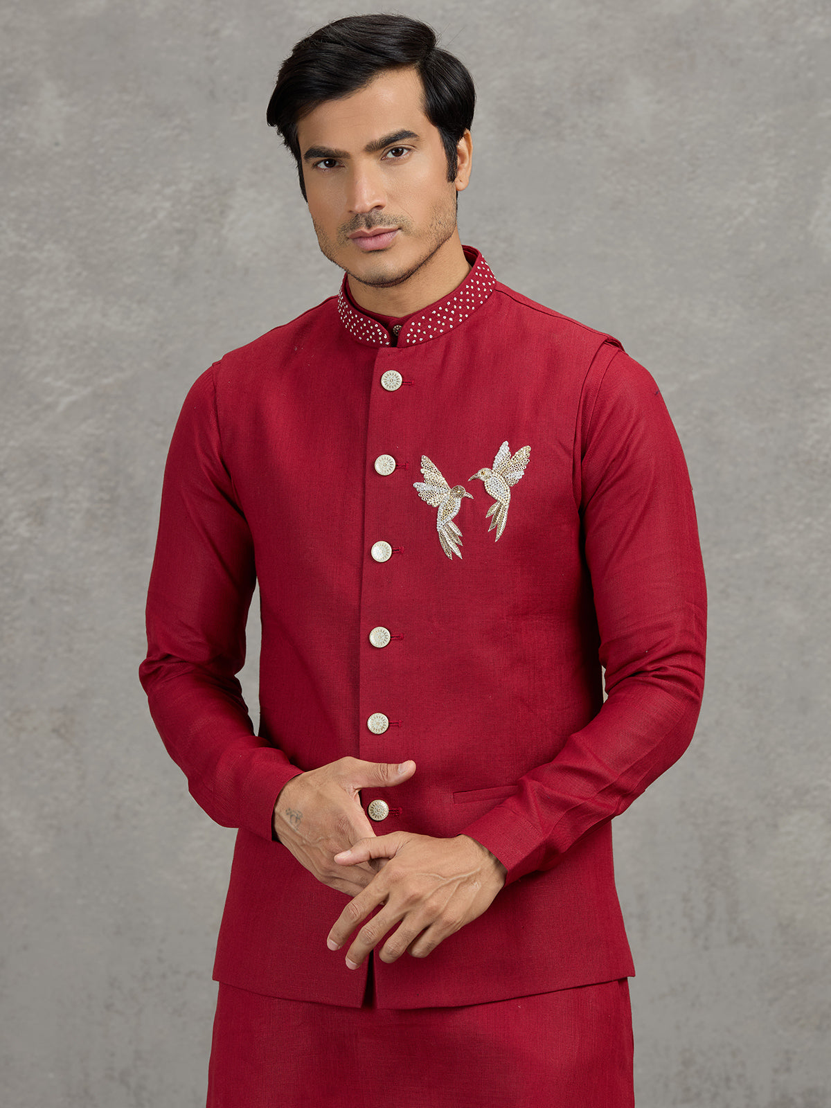 Red festive linen waistcoat set for men