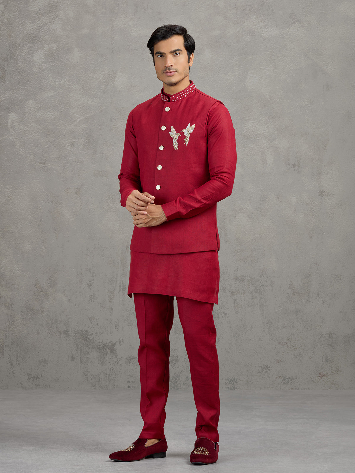 Red festive linen waistcoat set for men