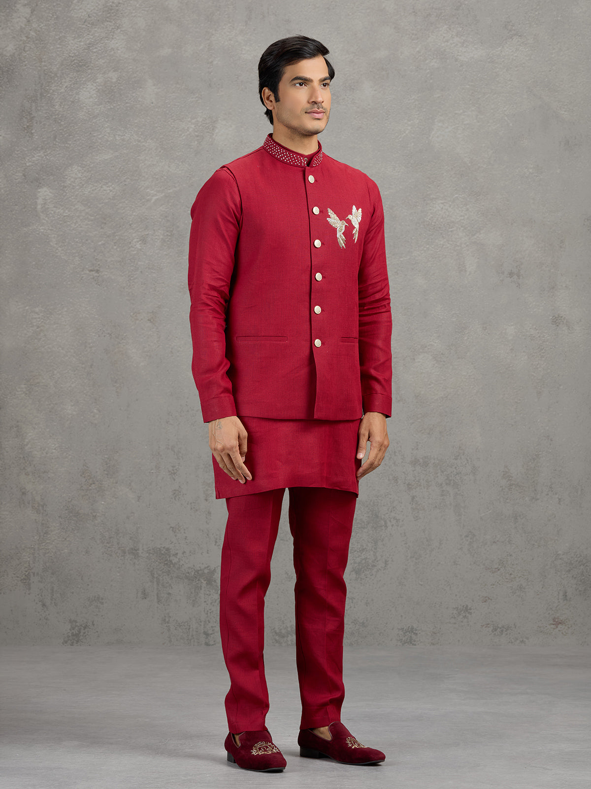 Red festive linen waistcoat set for men