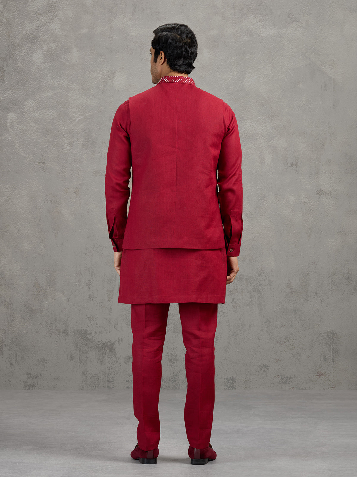 Red festive linen waistcoat set for men