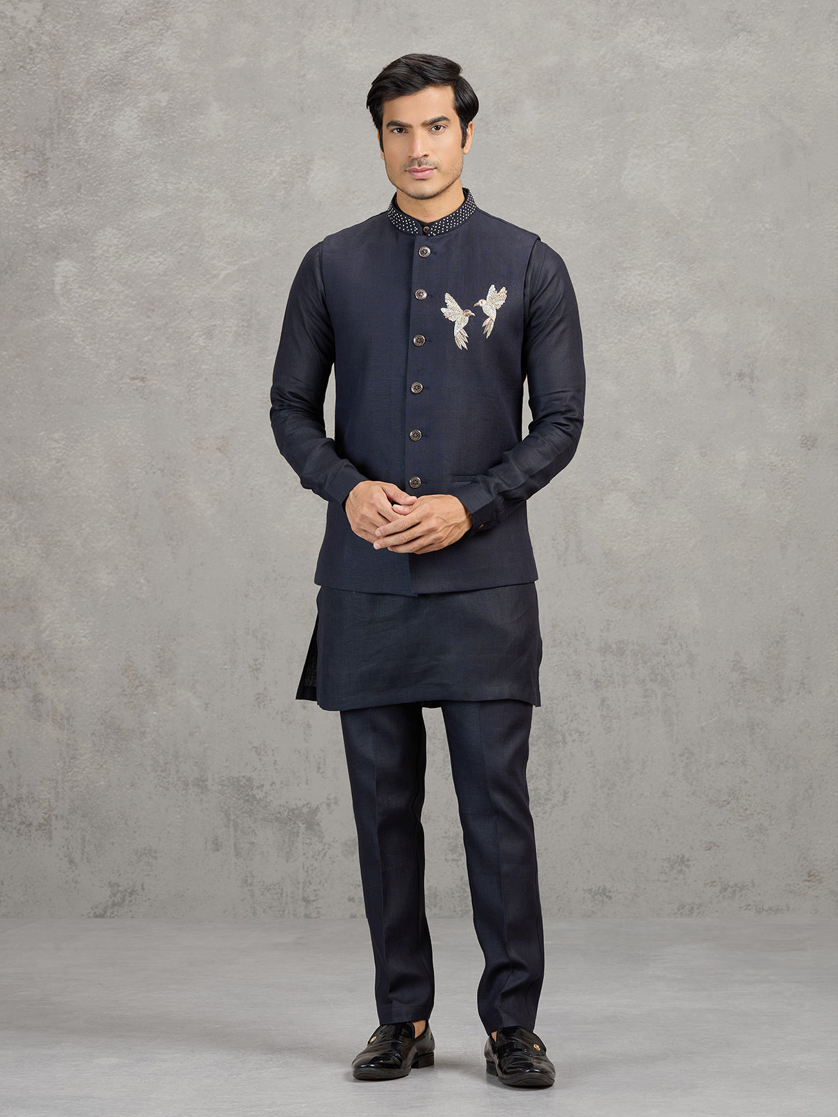 Navy blue linen waistcoat set for men