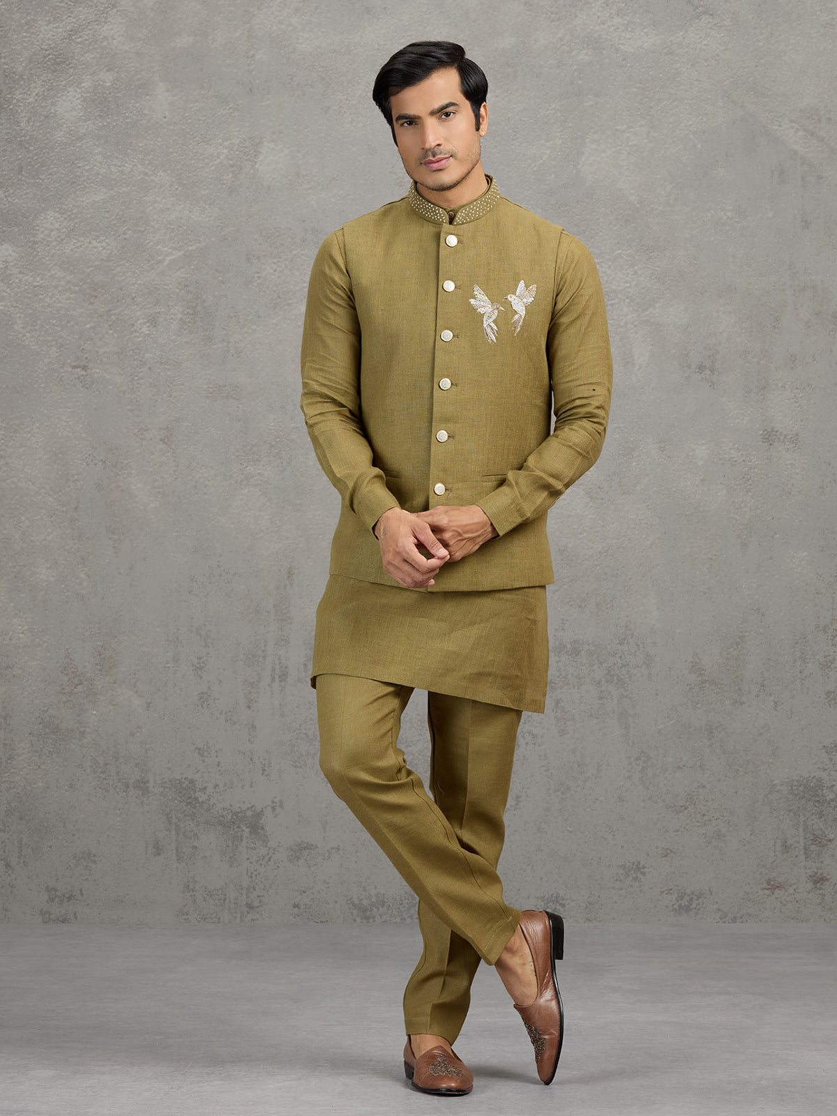 Mehendi green festive linen waistcoat set
