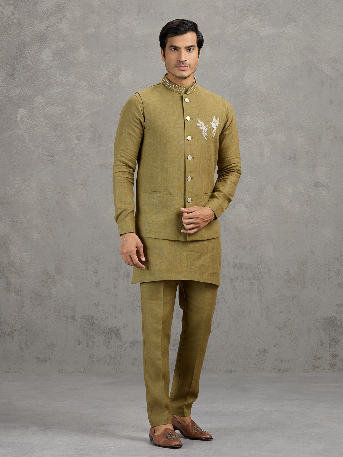 Mehendi green festive linen waistcoat set