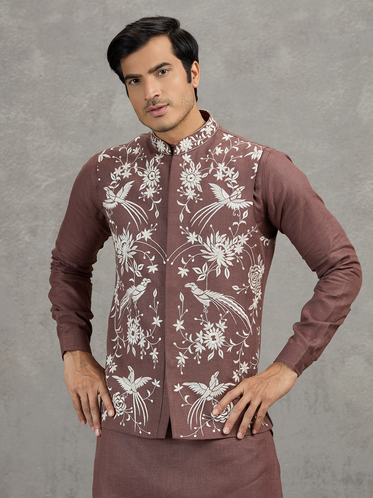 Light brown embroidered linen waistcoat set