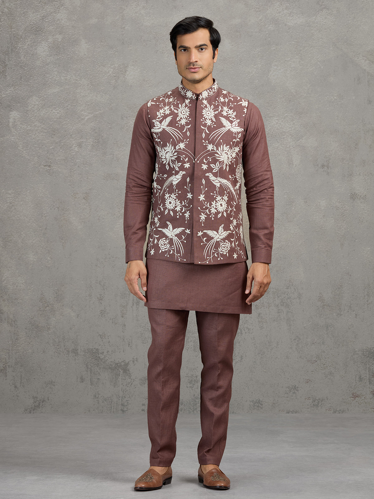 Light brown embroidered linen waistcoat set