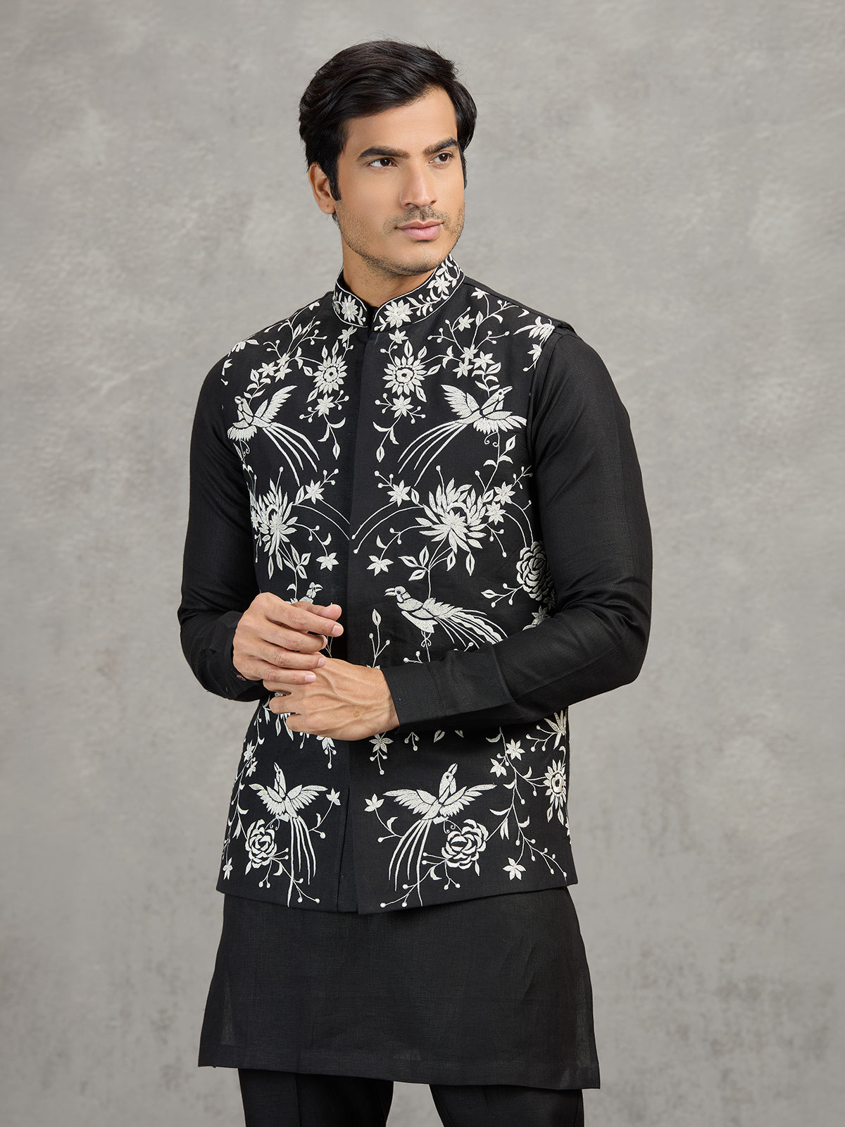 Black linen waistcoat set with intricate resham embroidery