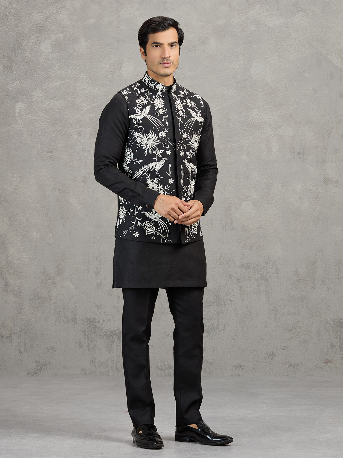 Black linen waistcoat set with intricate resham embroidery