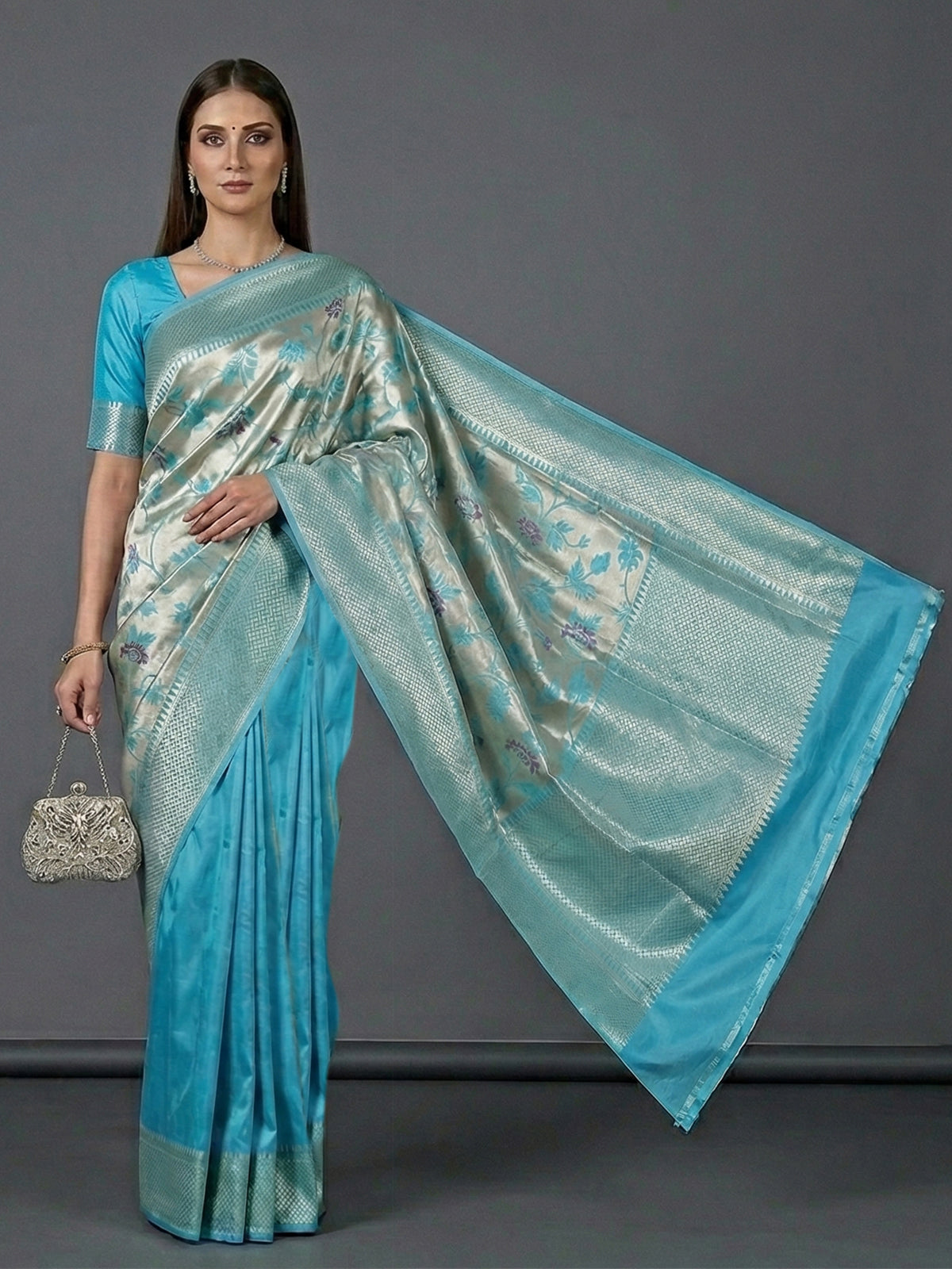 Aqua blue pure banarasi silk zari border festive saree