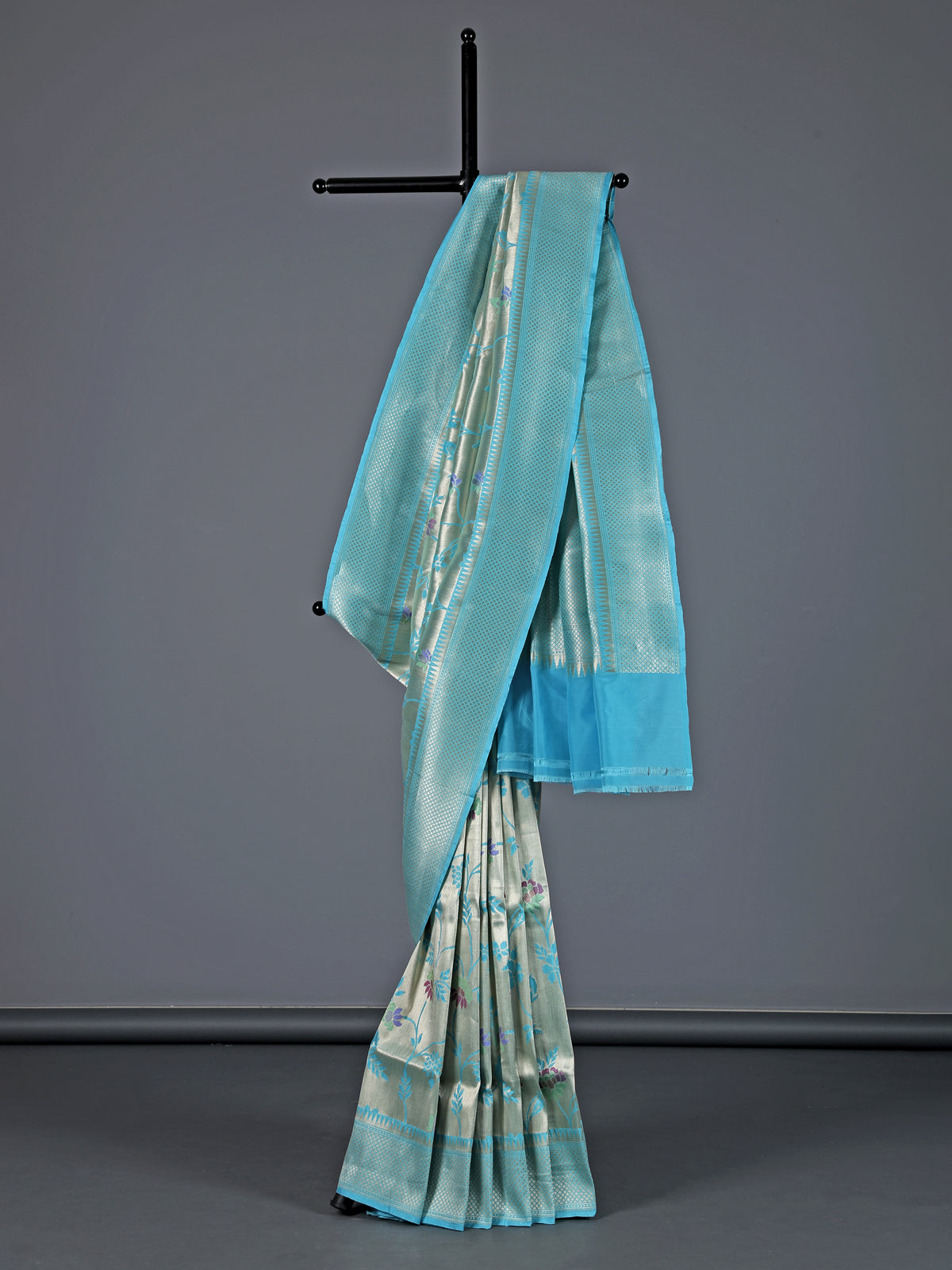 Aqua blue pure banarasi silk zari border festive saree
