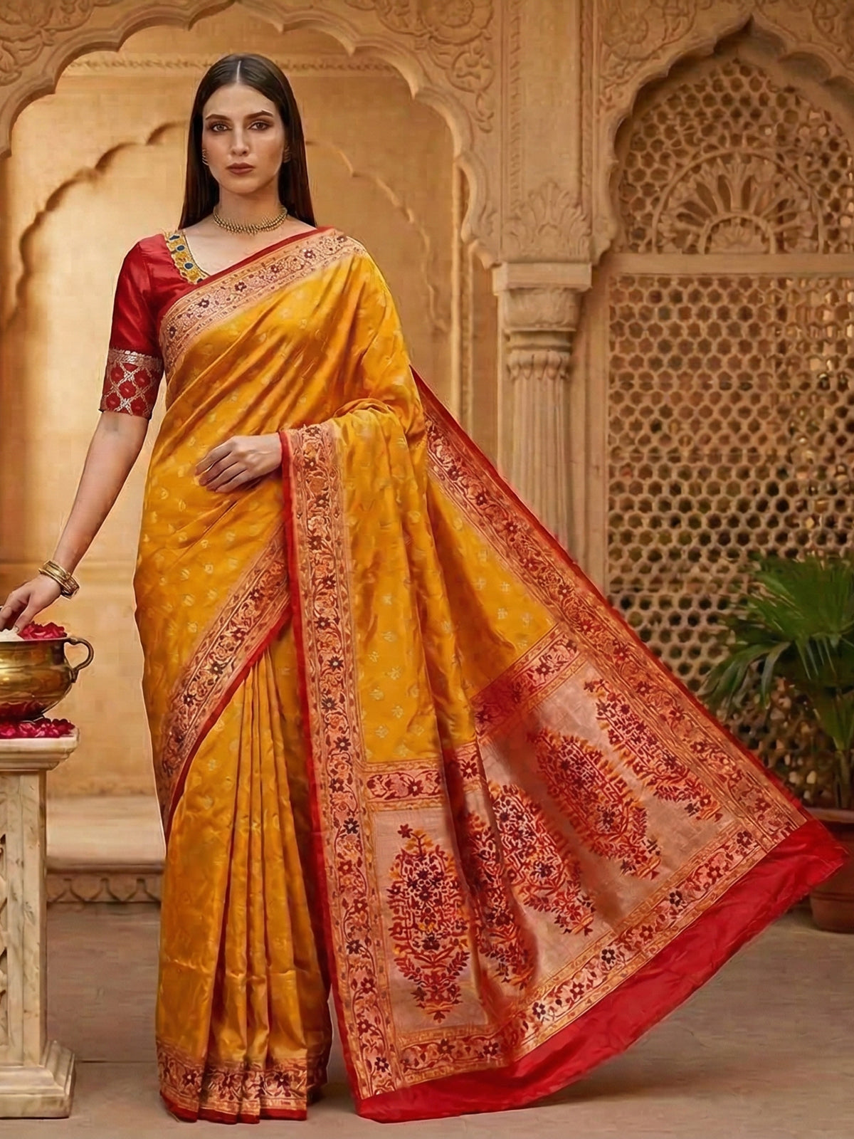 Mustard yellow pure banarasi silk zari festive saree