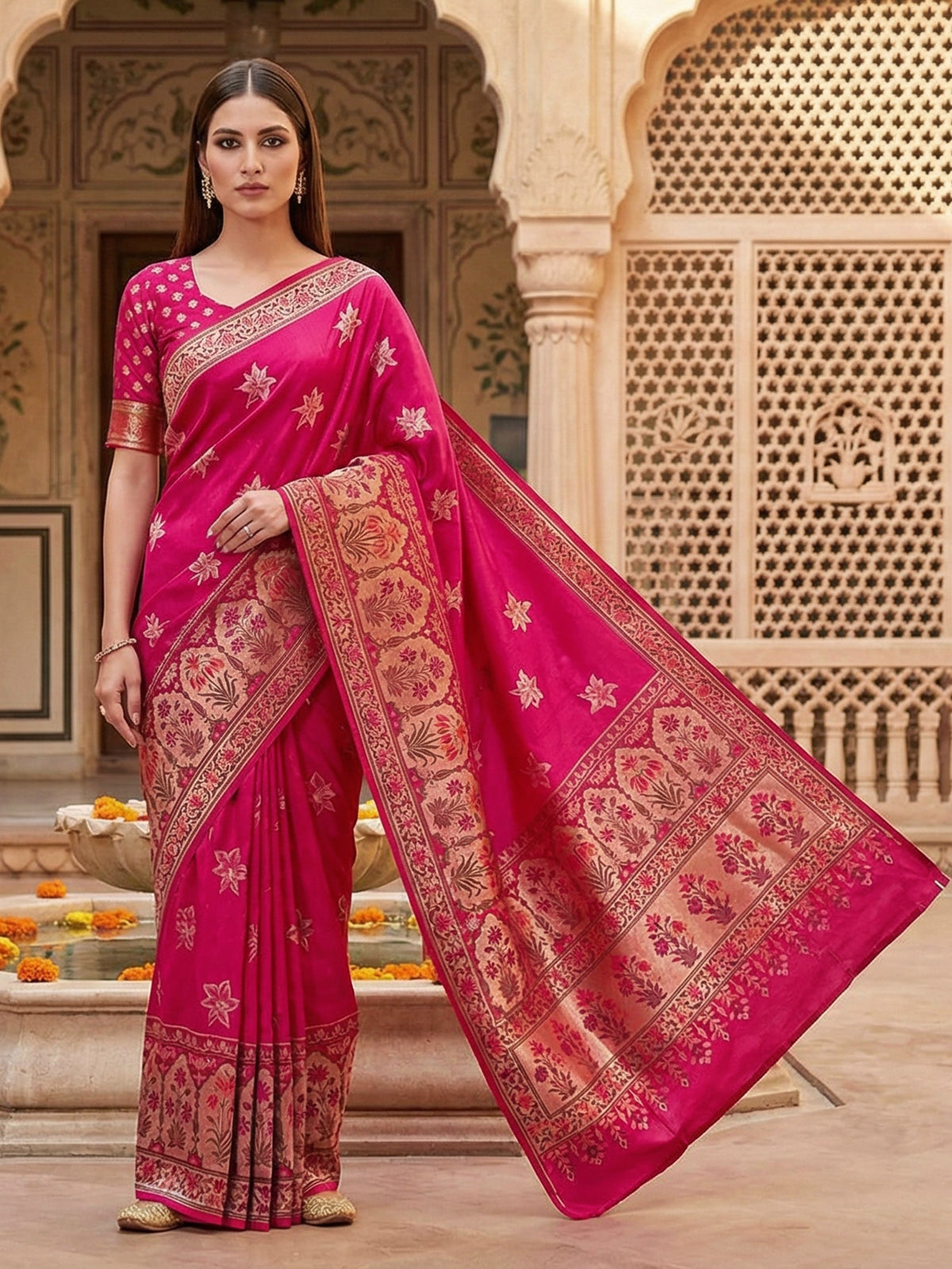 Rani pink pure banarasi silk paisley motif festive saree