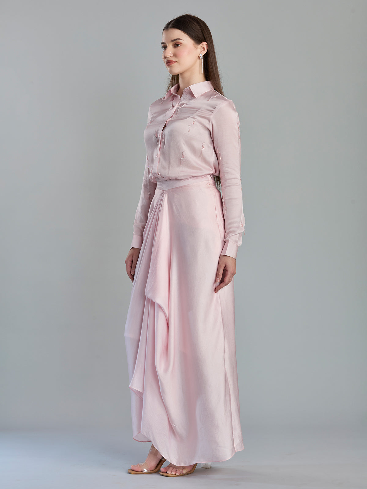 Graceful blush pink satin silk designer drape skirt set