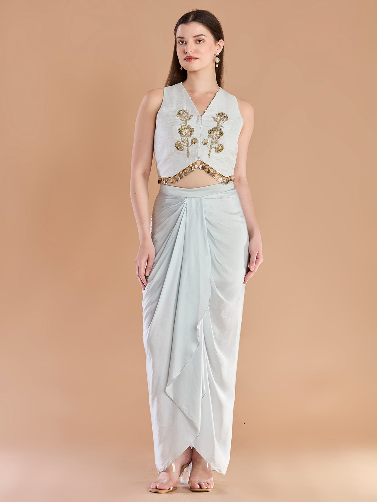 Stylish ivory satin silk indo western drape dhoti set