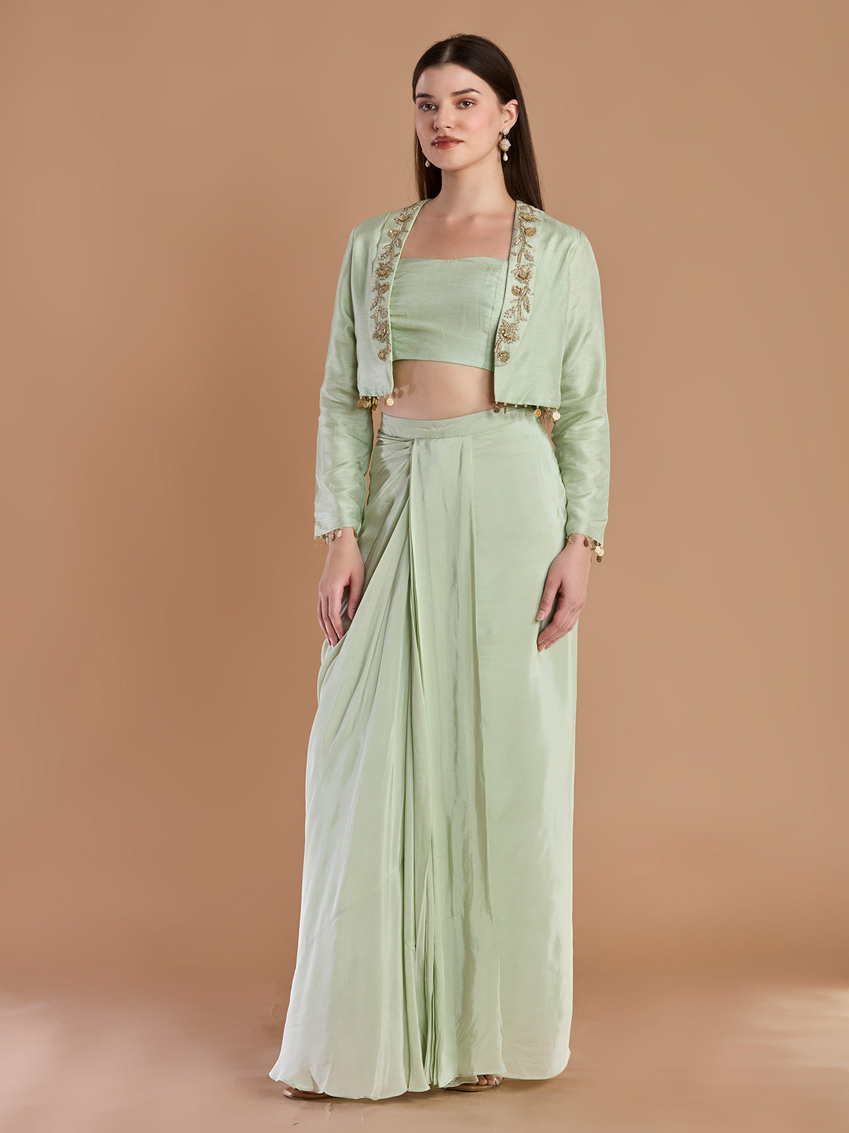 Modern sage green crepe designer jacket skirt ensemble