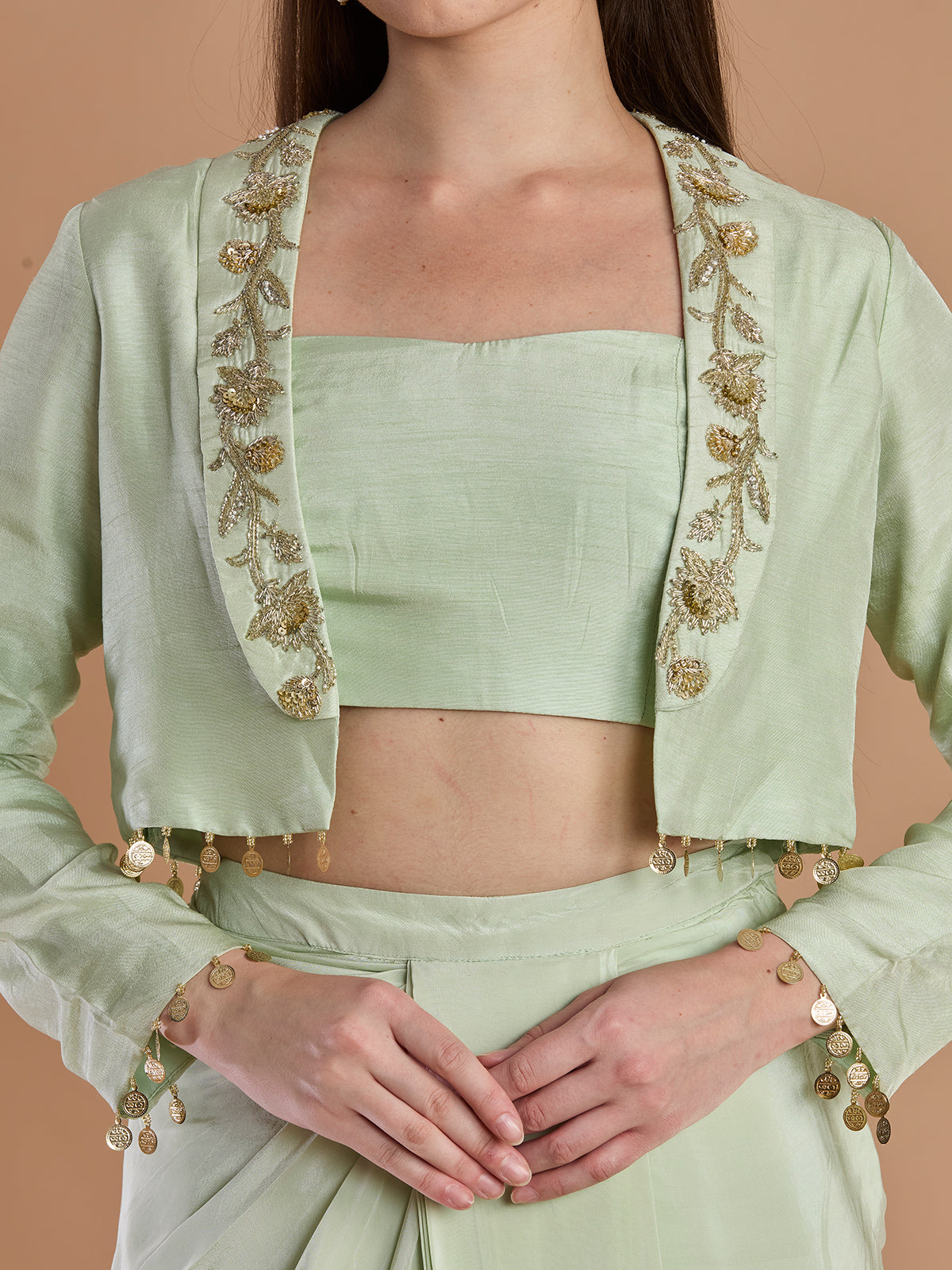 Modern sage green crepe designer jacket skirt ensemble