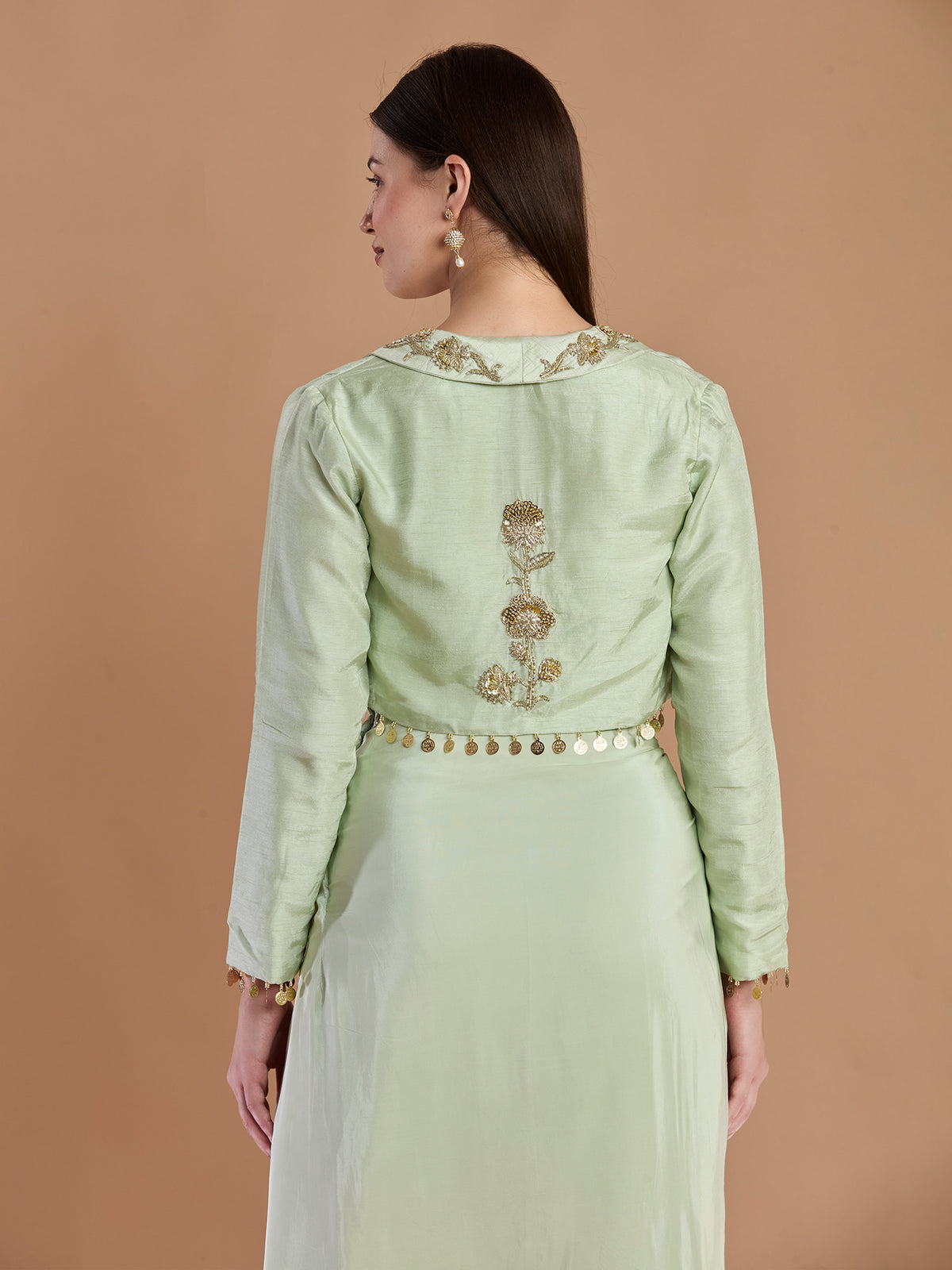 Modern sage green crepe designer jacket skirt ensemble