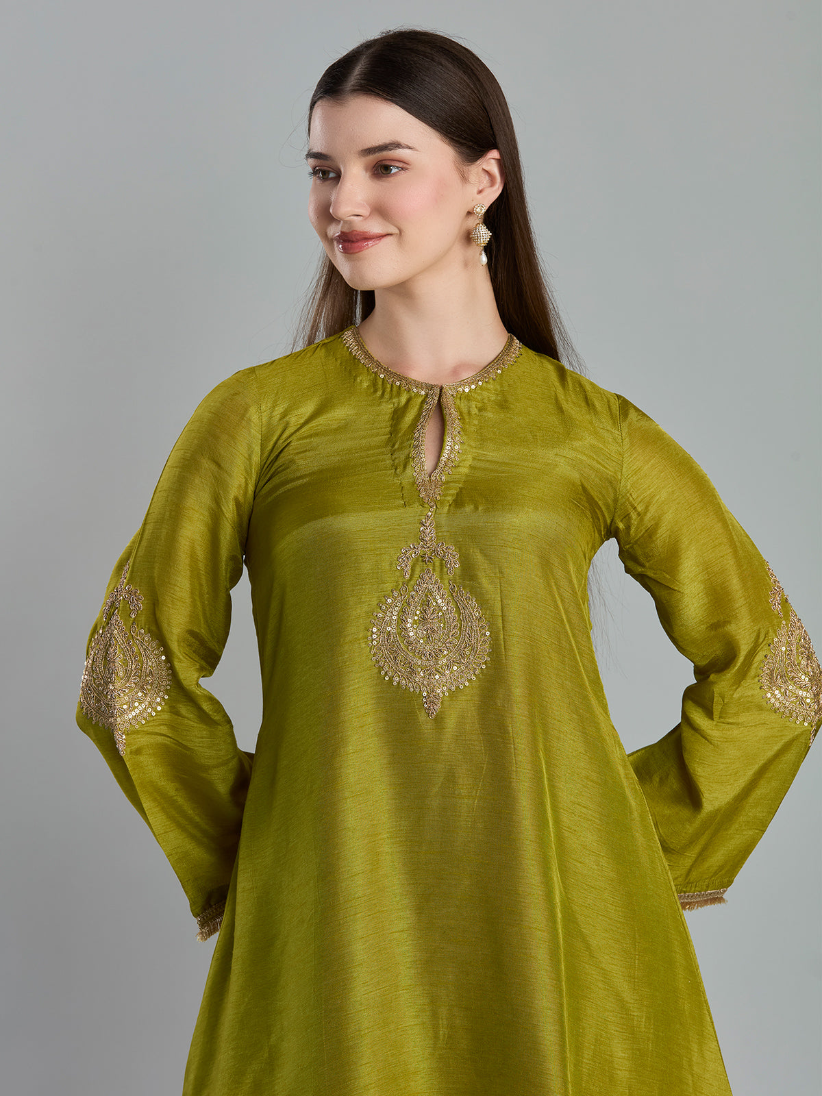 Refined light olive chanderi apple cut salwar suit