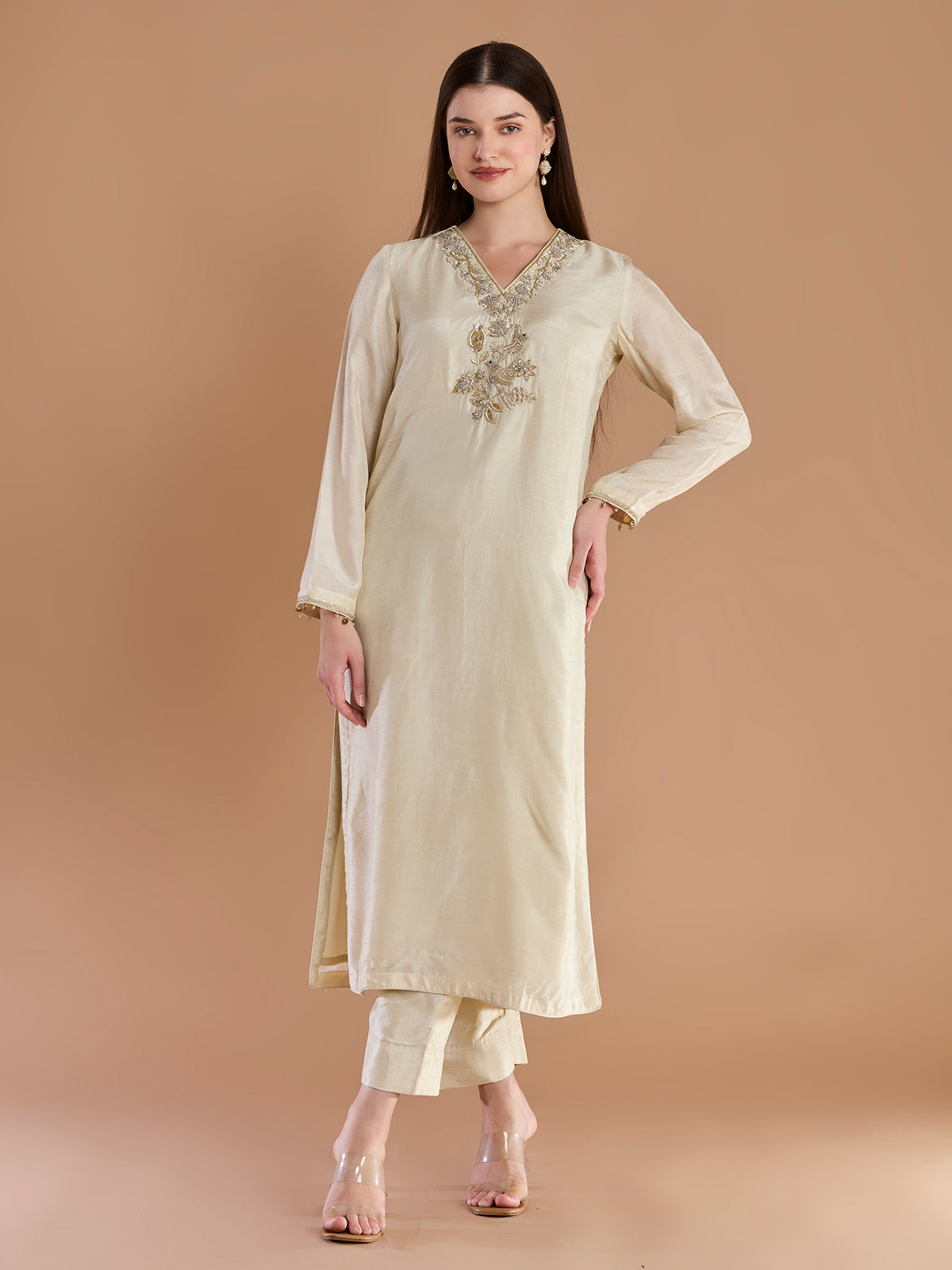 Classic ivory chanderi straight cut suit with dupatta