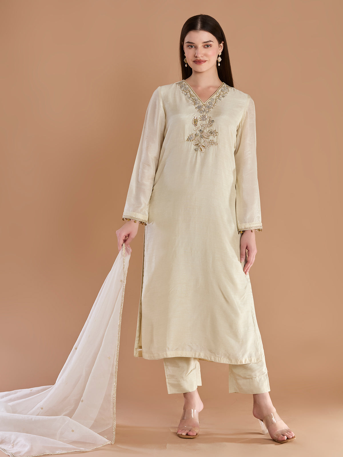 Classic ivory chanderi straight cut suit with dupatta