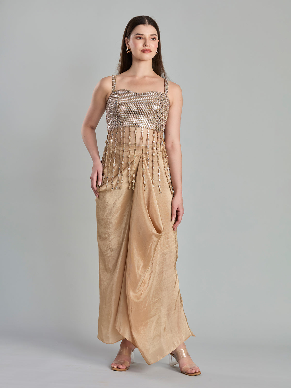 Chic beige satin georgette indo western drape skirt set