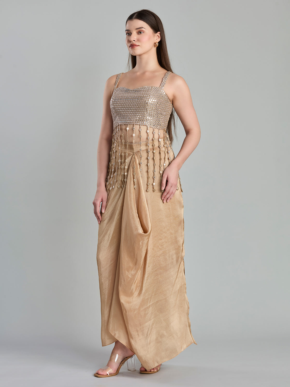 Chic beige satin georgette indo western drape skirt set