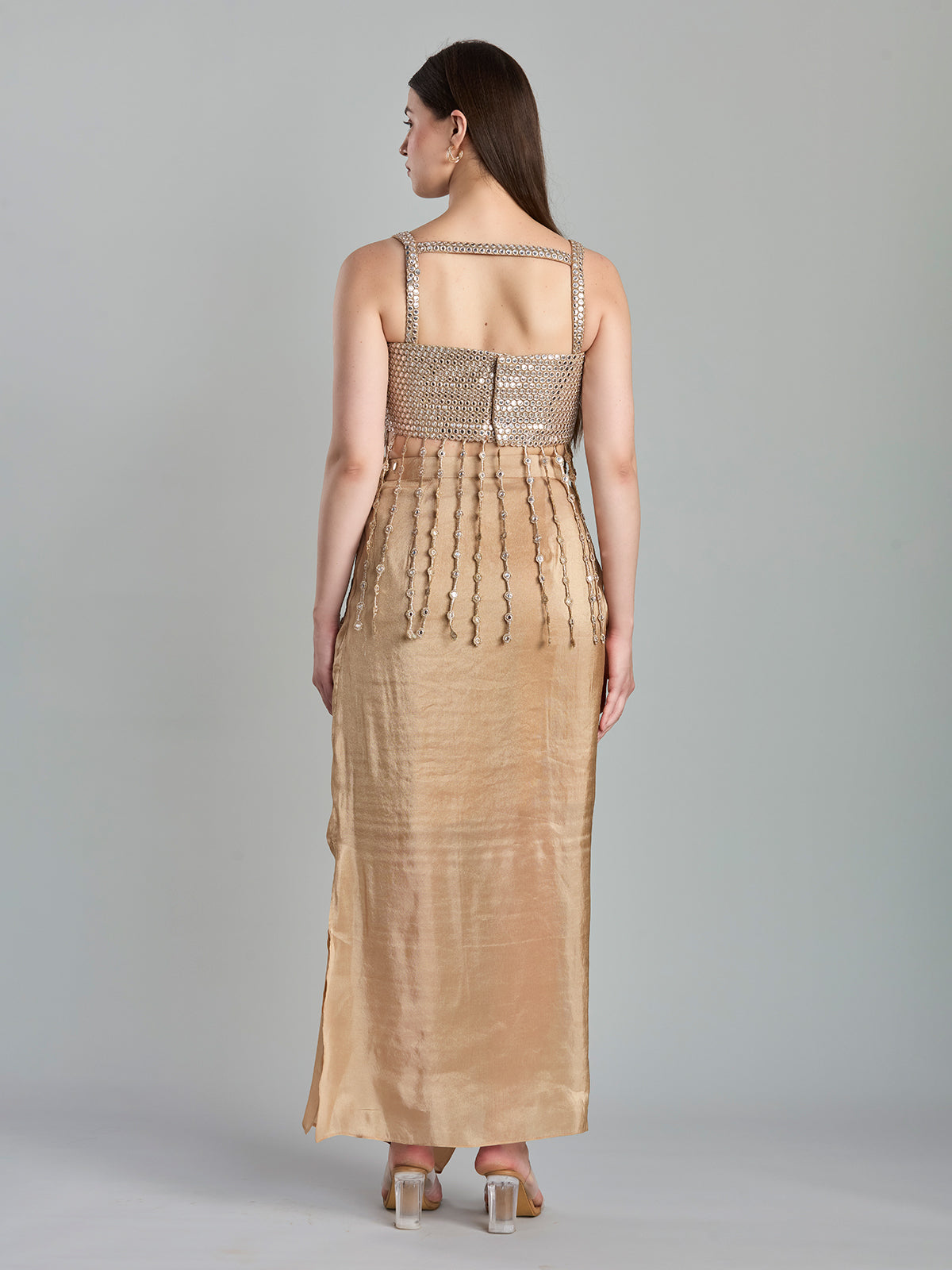 Chic beige satin georgette indo western drape skirt set