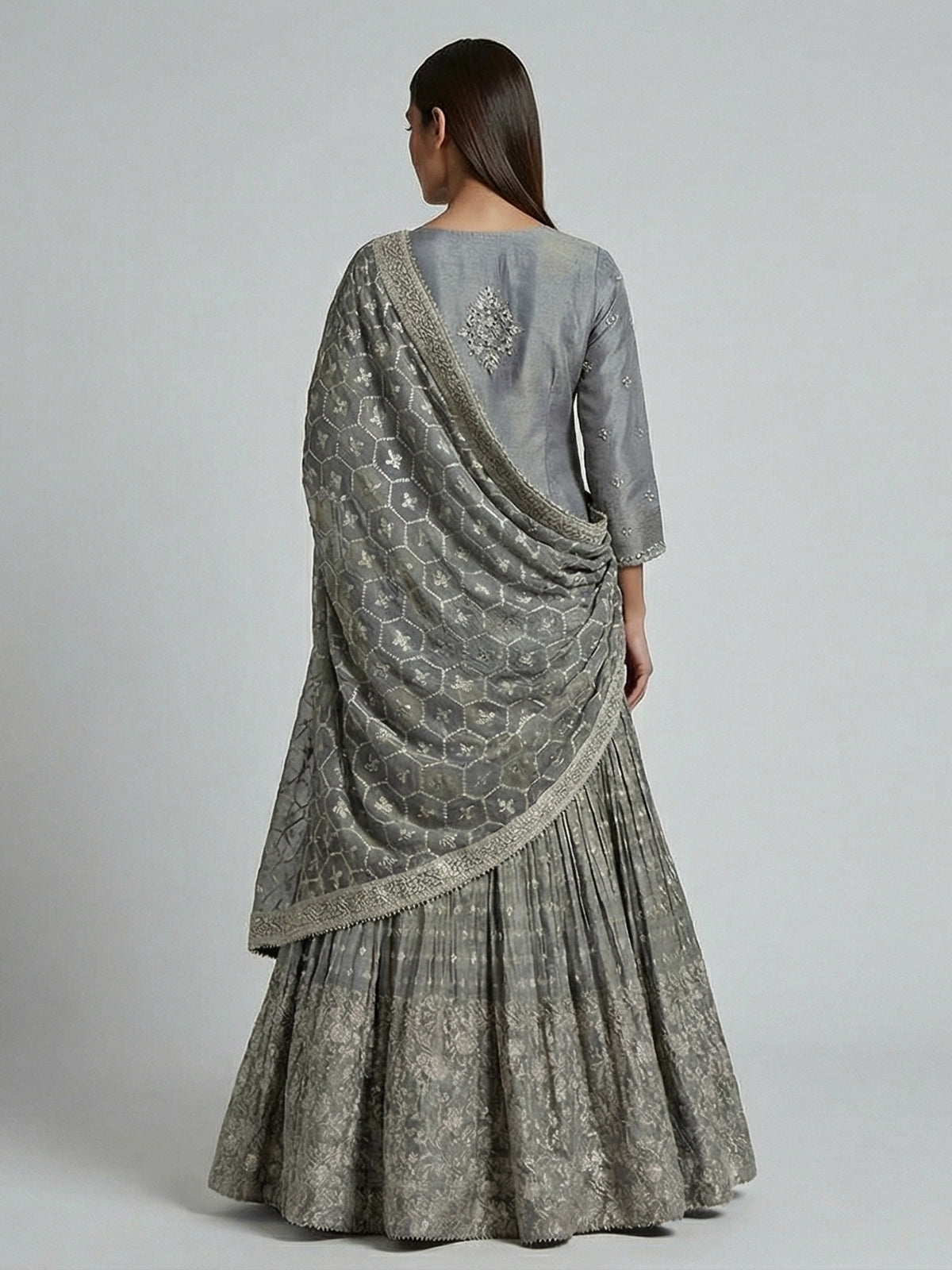 Grey banarasi silk mirror and zari work festive lehenga choli