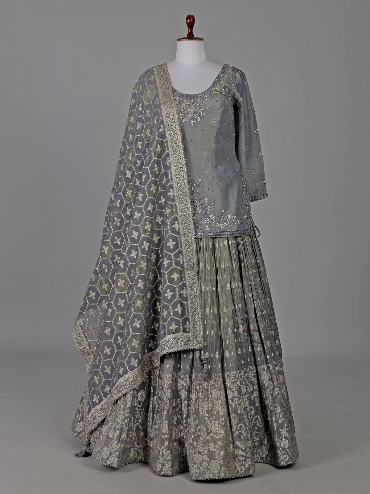 Grey banarasi silk mirror and zari work festive lehenga choli