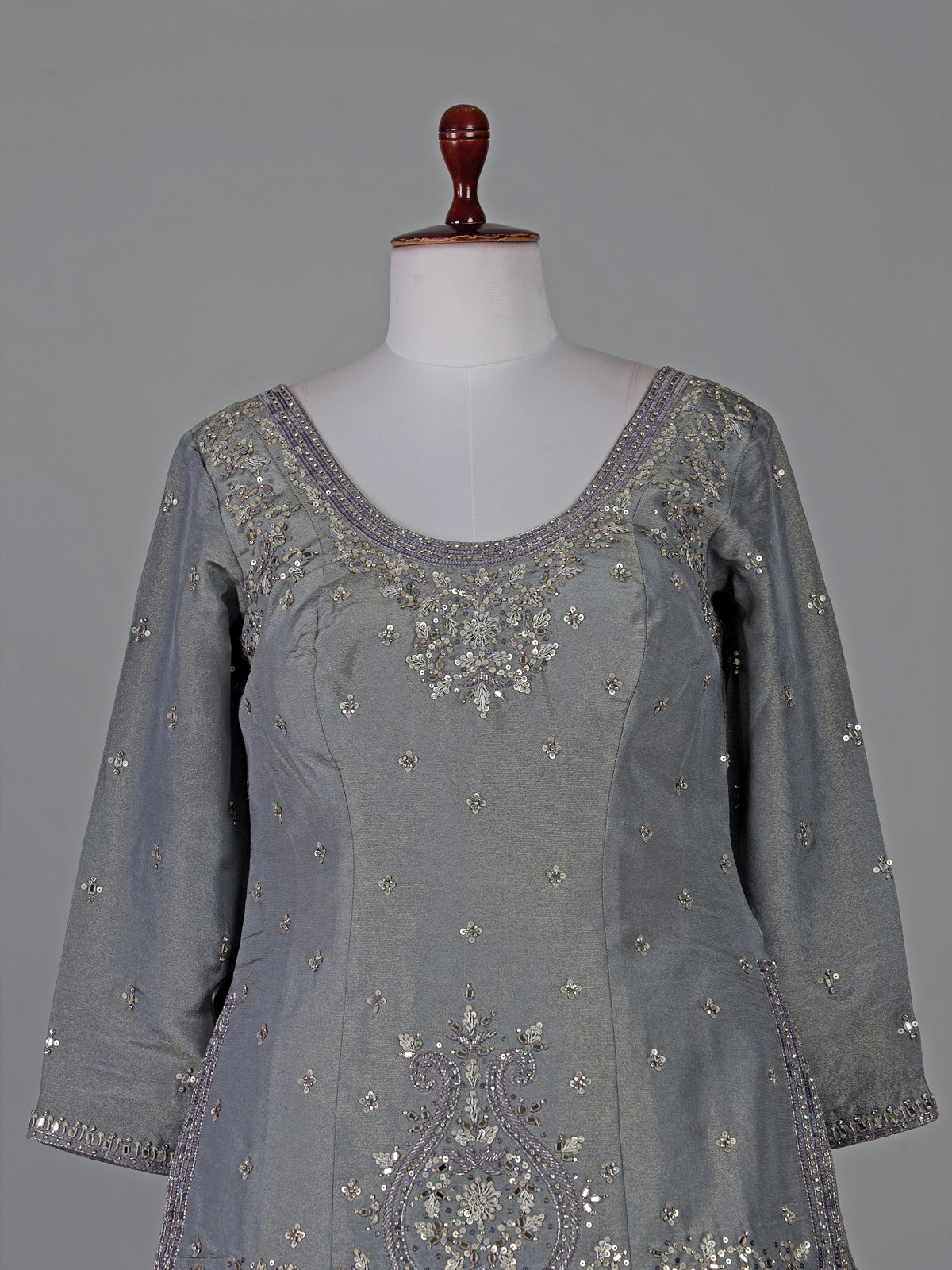 Grey banarasi silk mirror and zari work festive lehenga choli