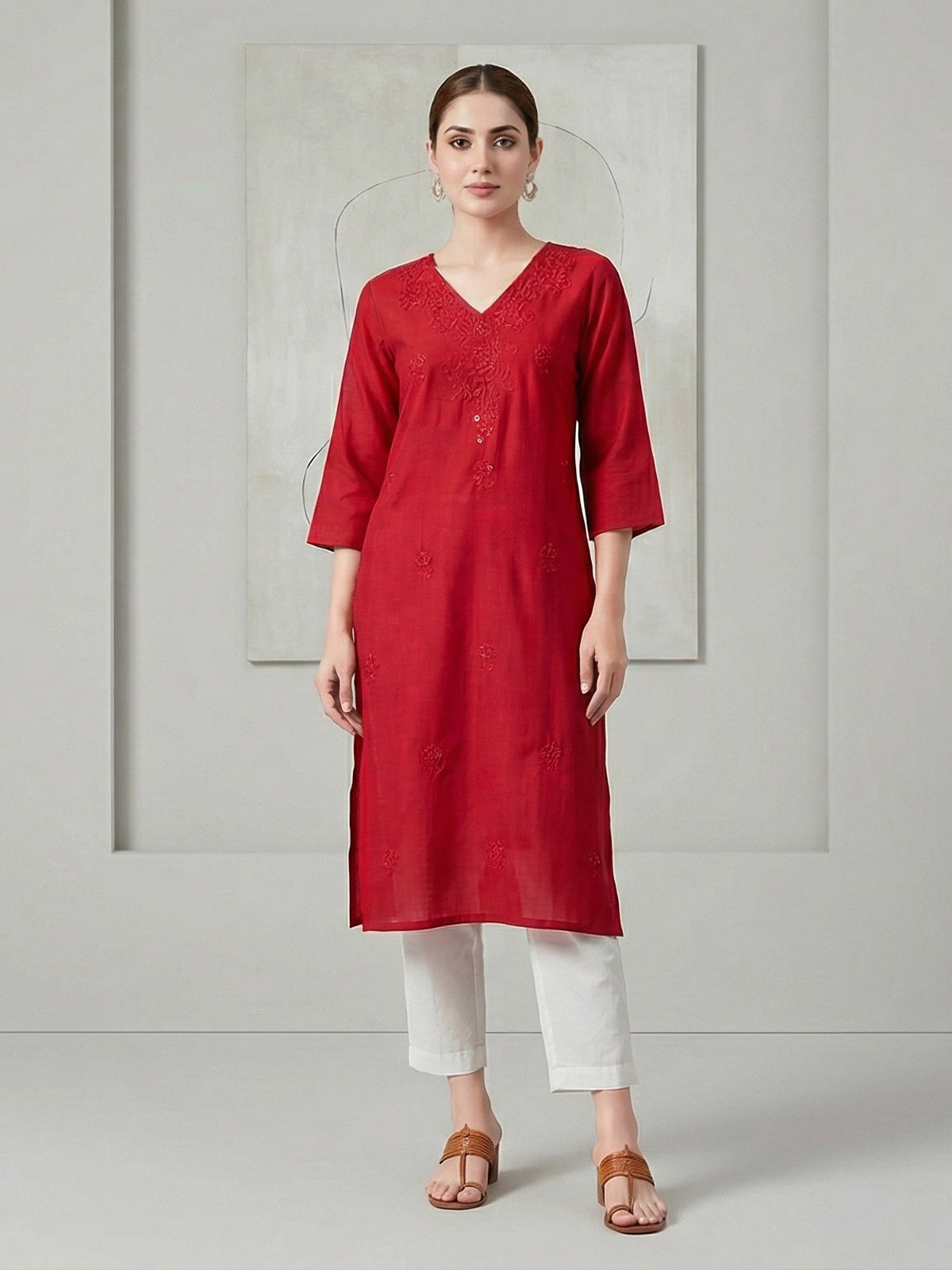 Red tone on tone embroidered cotton silk kurti