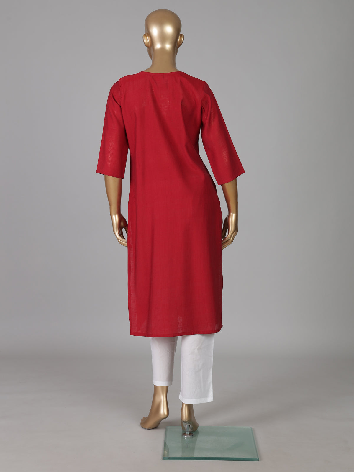 Red tone on tone embroidered cotton silk kurti