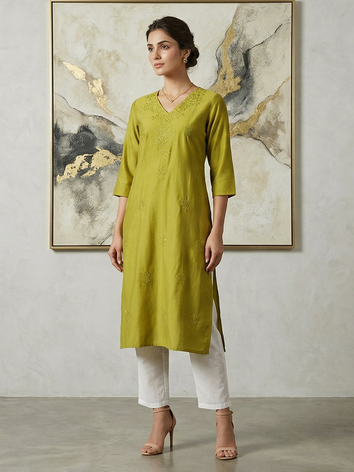 Parrot green tone on tone embroidered cotton silk kurti