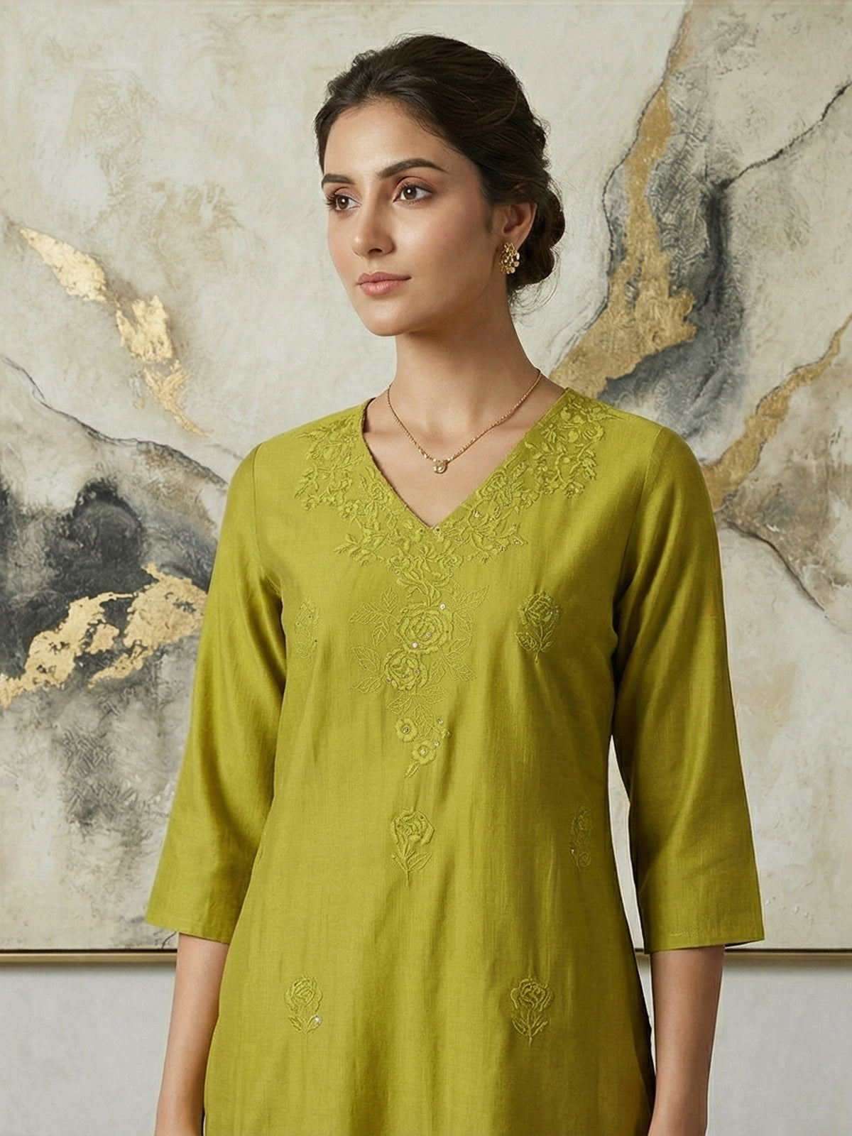 Parrot green tone on tone embroidered cotton silk kurti