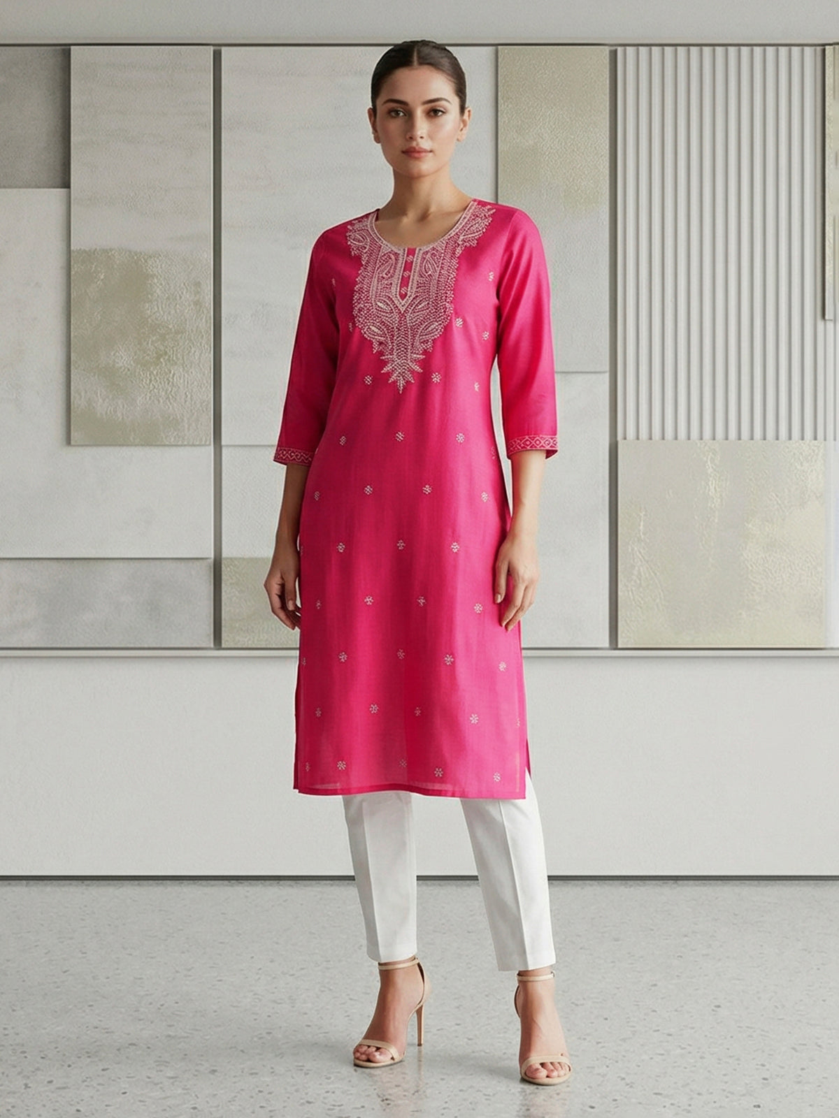 Rani pink white embroidered cotton silk kurti
